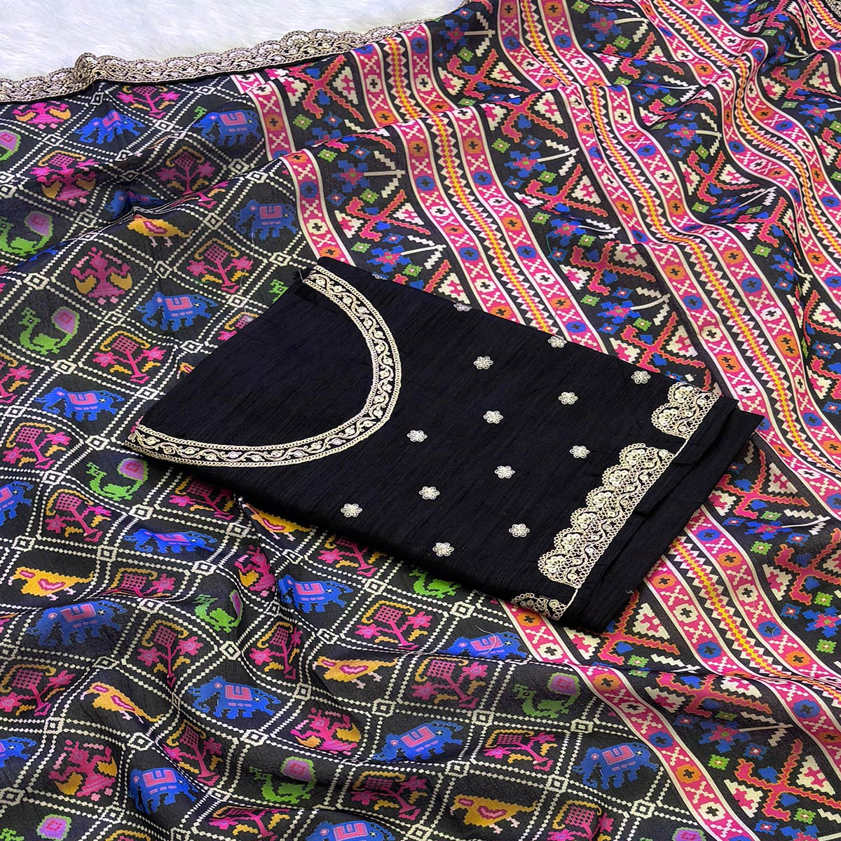 Peachmode Black Printed Patola Tussar Silk Saree - view 2