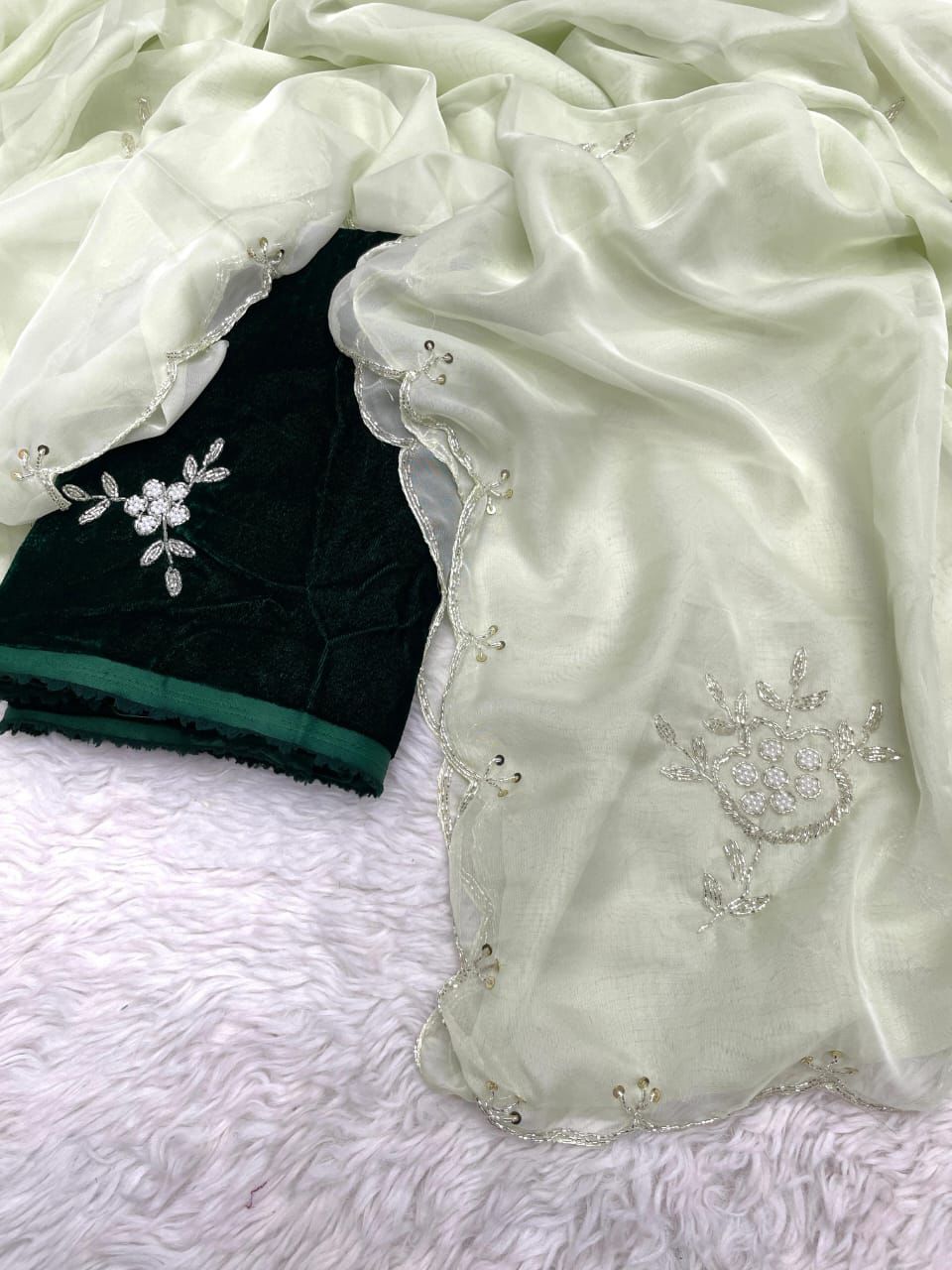 ClothsVilla Light Green Soft Organza Saree with Exquisite Handwork & Velvet Silk Blouse