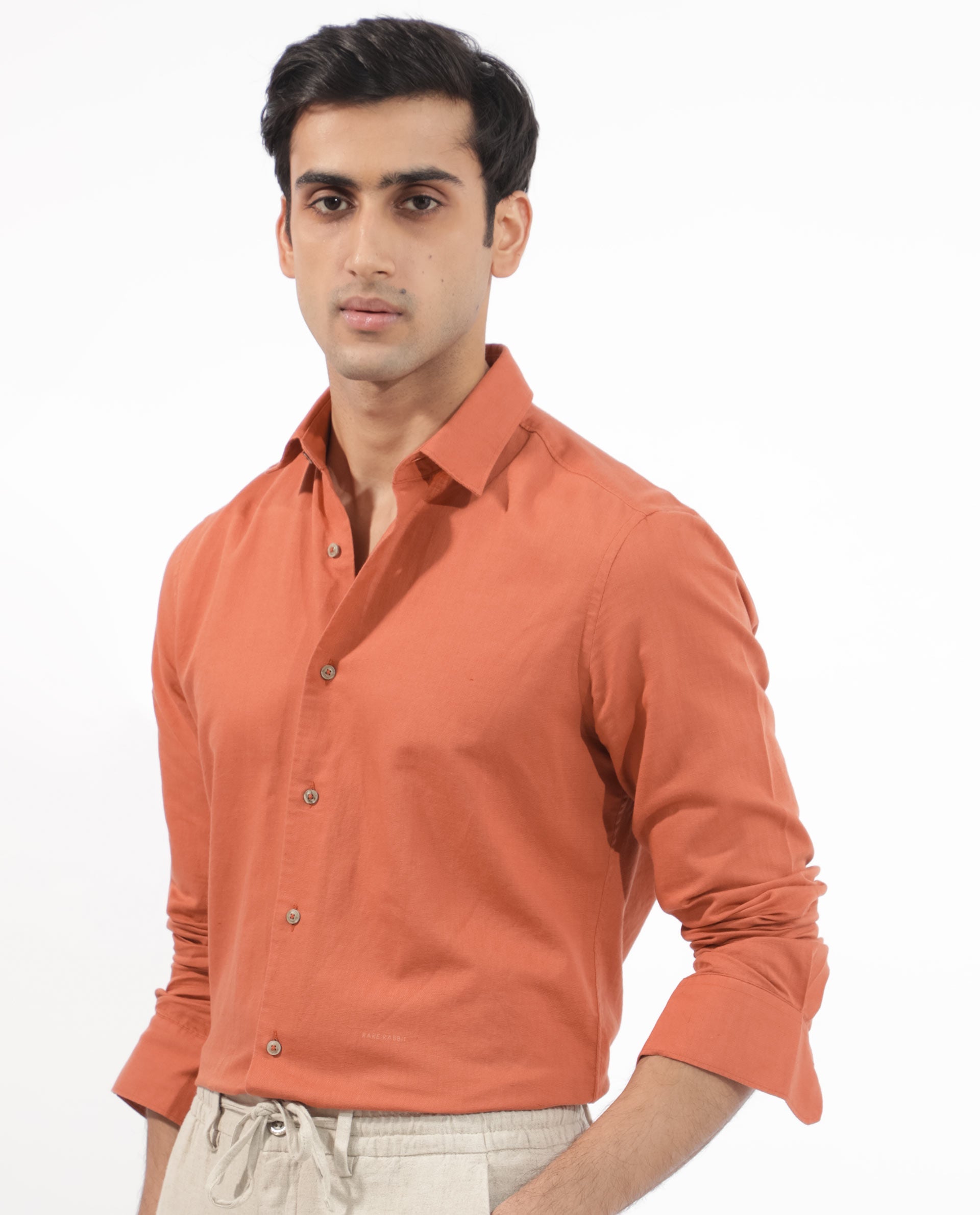 Rare Rabbit Men's Linux Orange Cotton Linen Fabric Full Sleeves Regular Fit Solid Shirt - view 6