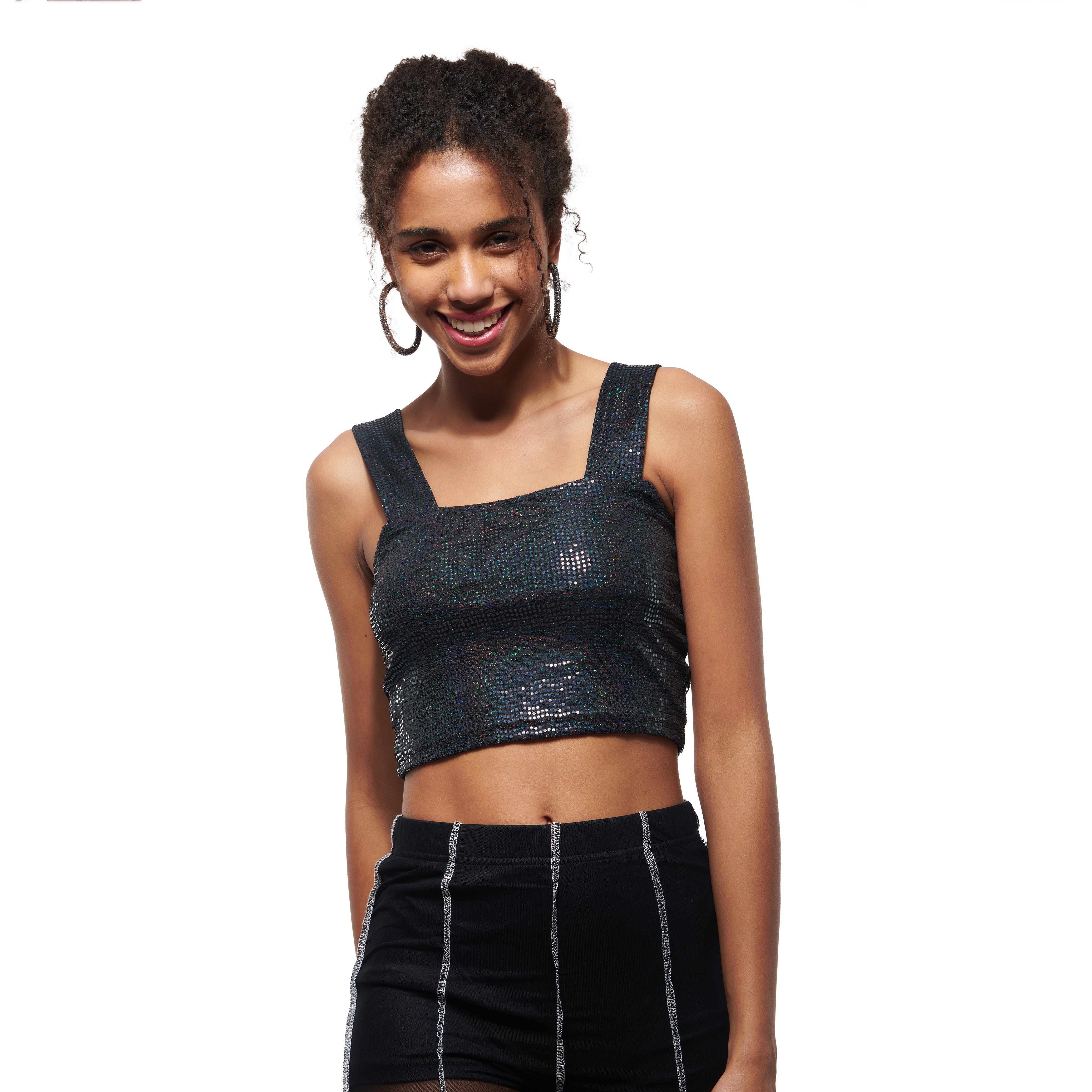 Glam Sequin Square Neck Tank Top – Black
