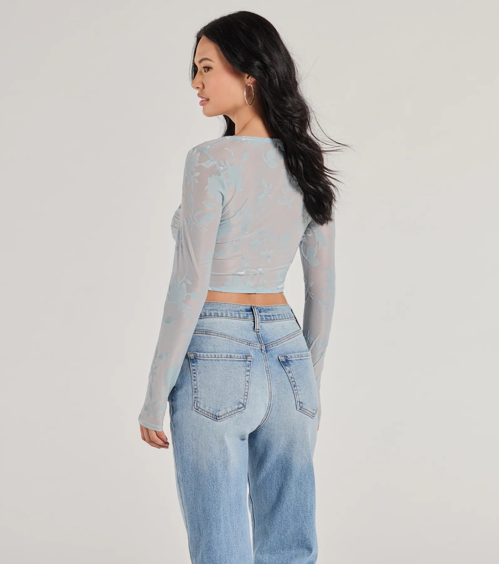 Windsor Charming Flocked Floral Mesh Long Sleeve Corset Top - view 6