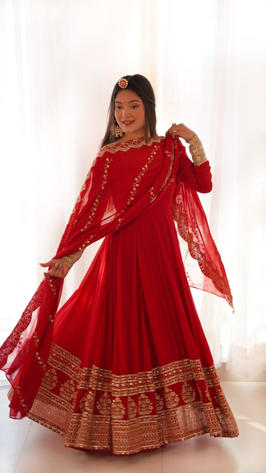 ClothsVilla Red Georgette Gown with Sequins and Zari Detailing