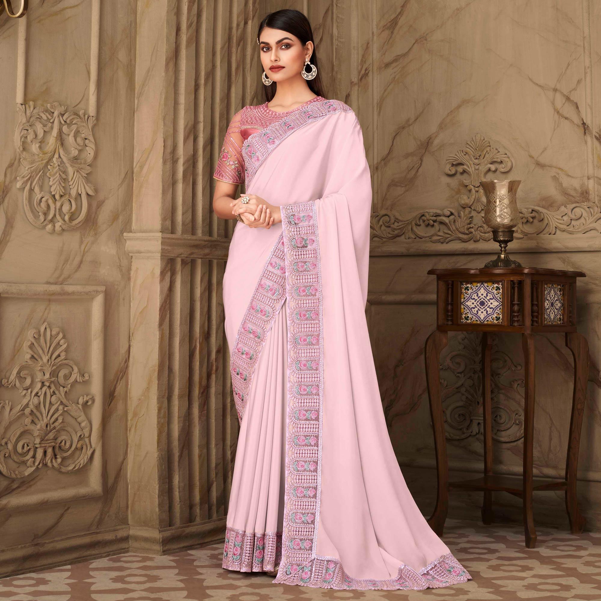 Peachmode Light Pink Partywear Sequins Embroidered Silk Saree - view 4