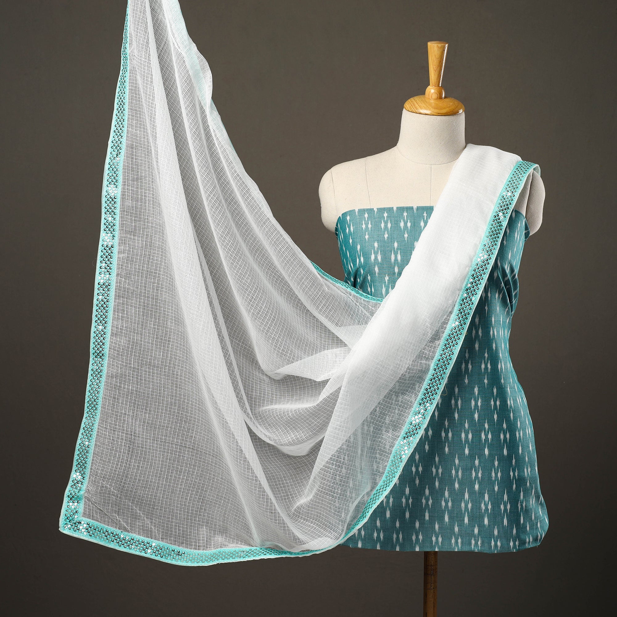 NOORI BAZAR Blue - 3pc Cotton Pochampally Ikat Kurta with Plain Dupatta 24