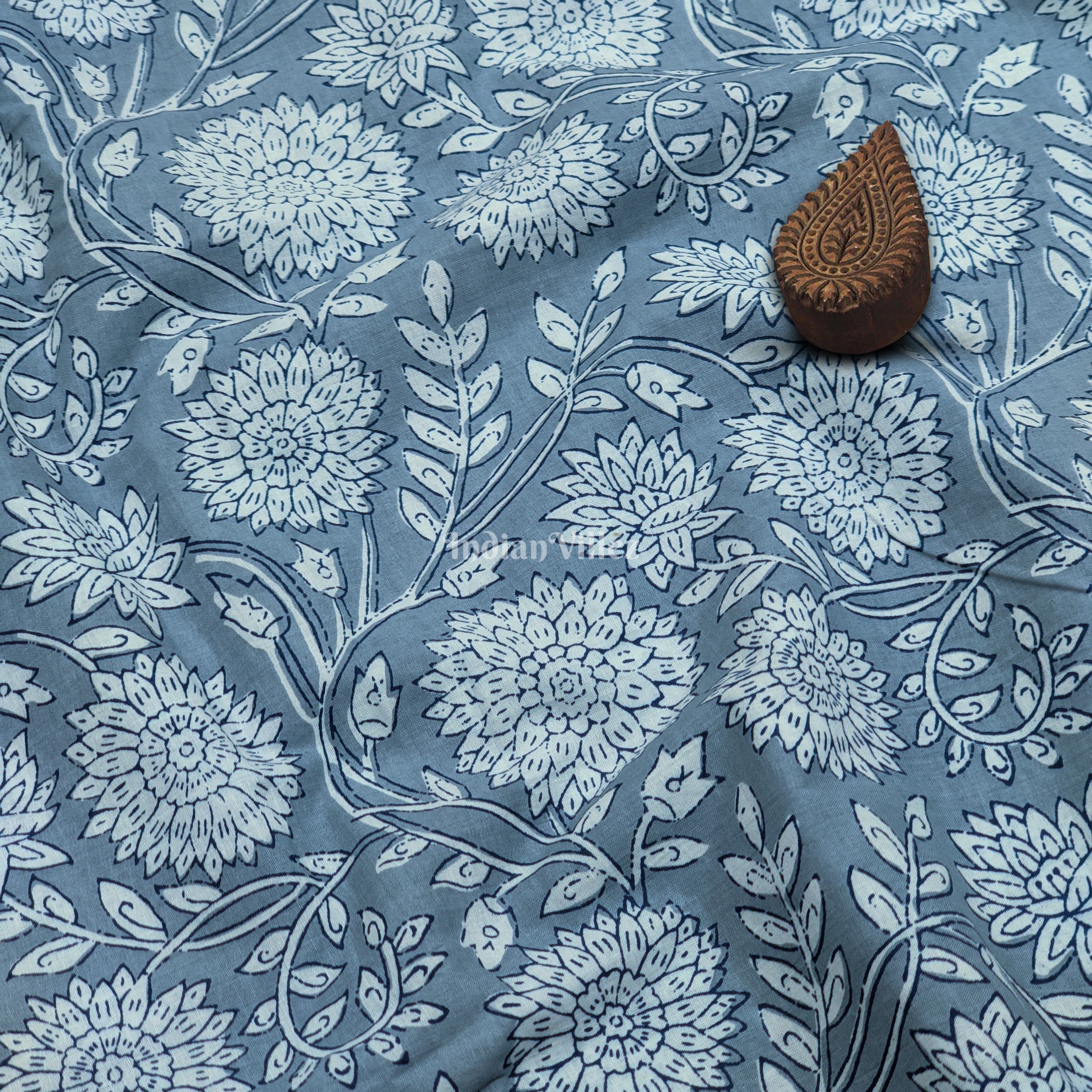 IndianVillèz Gray Floral Hand Block Printed Cotton Fabric
