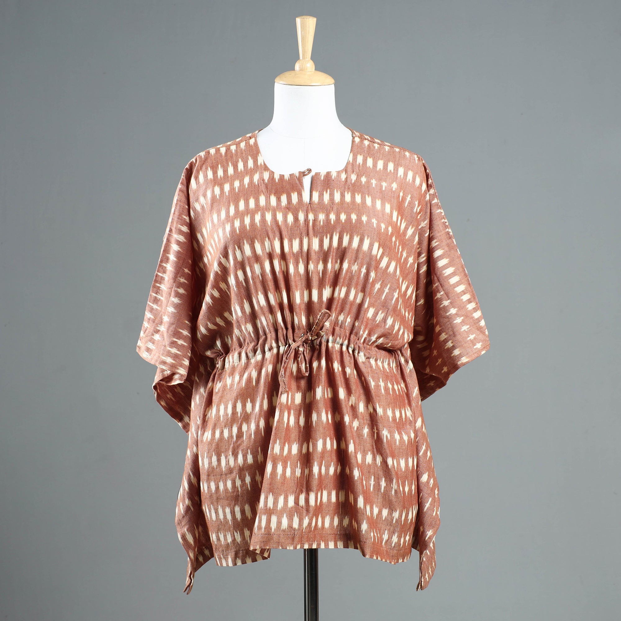 ITOKRI CASUALS Brown - Pochampally Ikat Cotton Kaftan with Tie-Up Waist (Short)