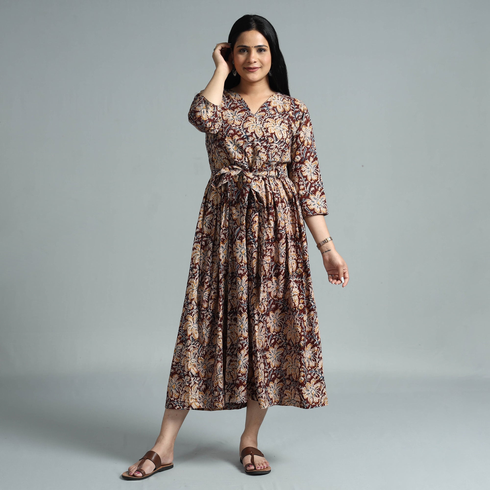 ITOKRI CASUALS Brown - Kalamkari Block Printed Cotton Flared Gher Dress