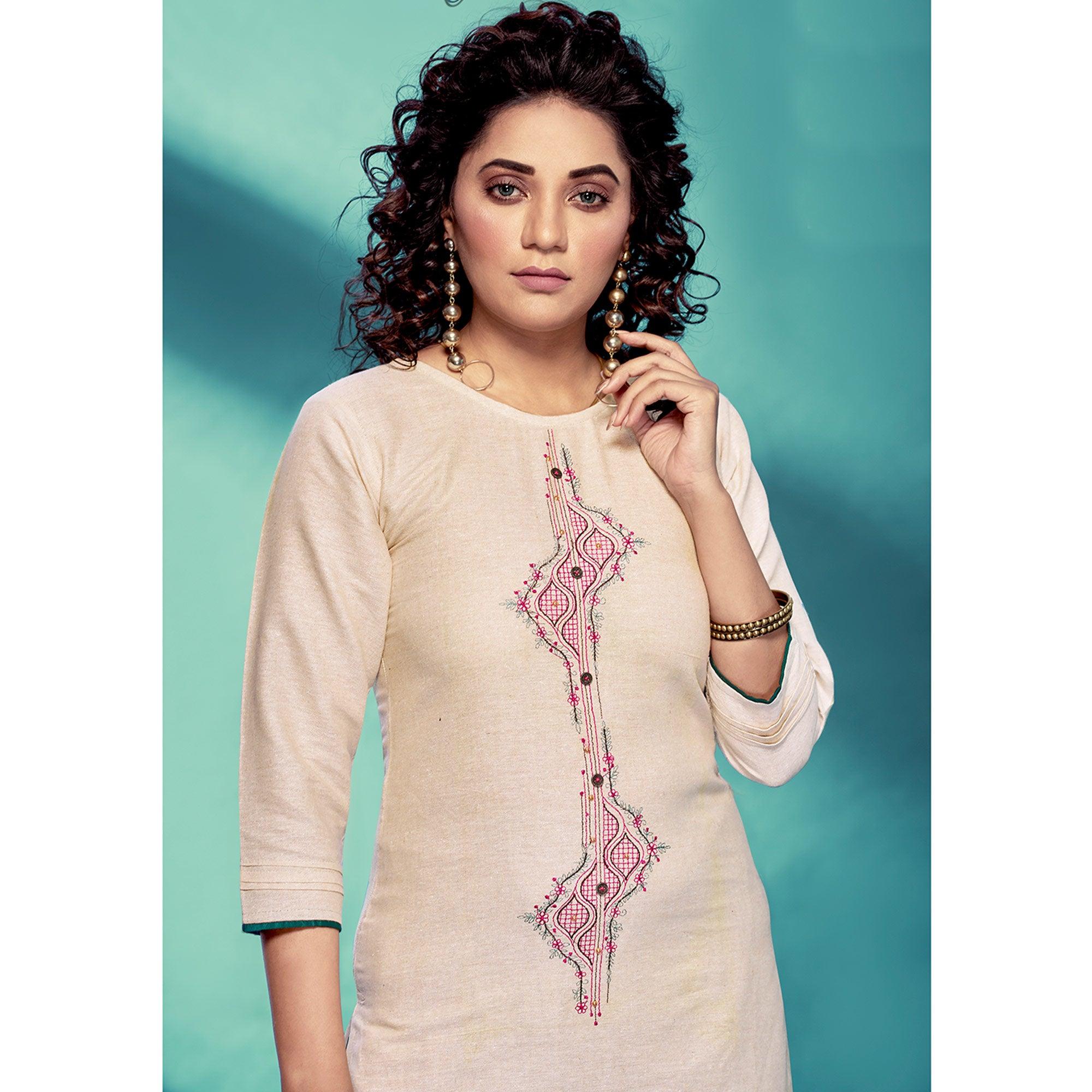 Peachmode Seller Cream Casual Wear Embroidered Pure Cotton Kurti - view 2