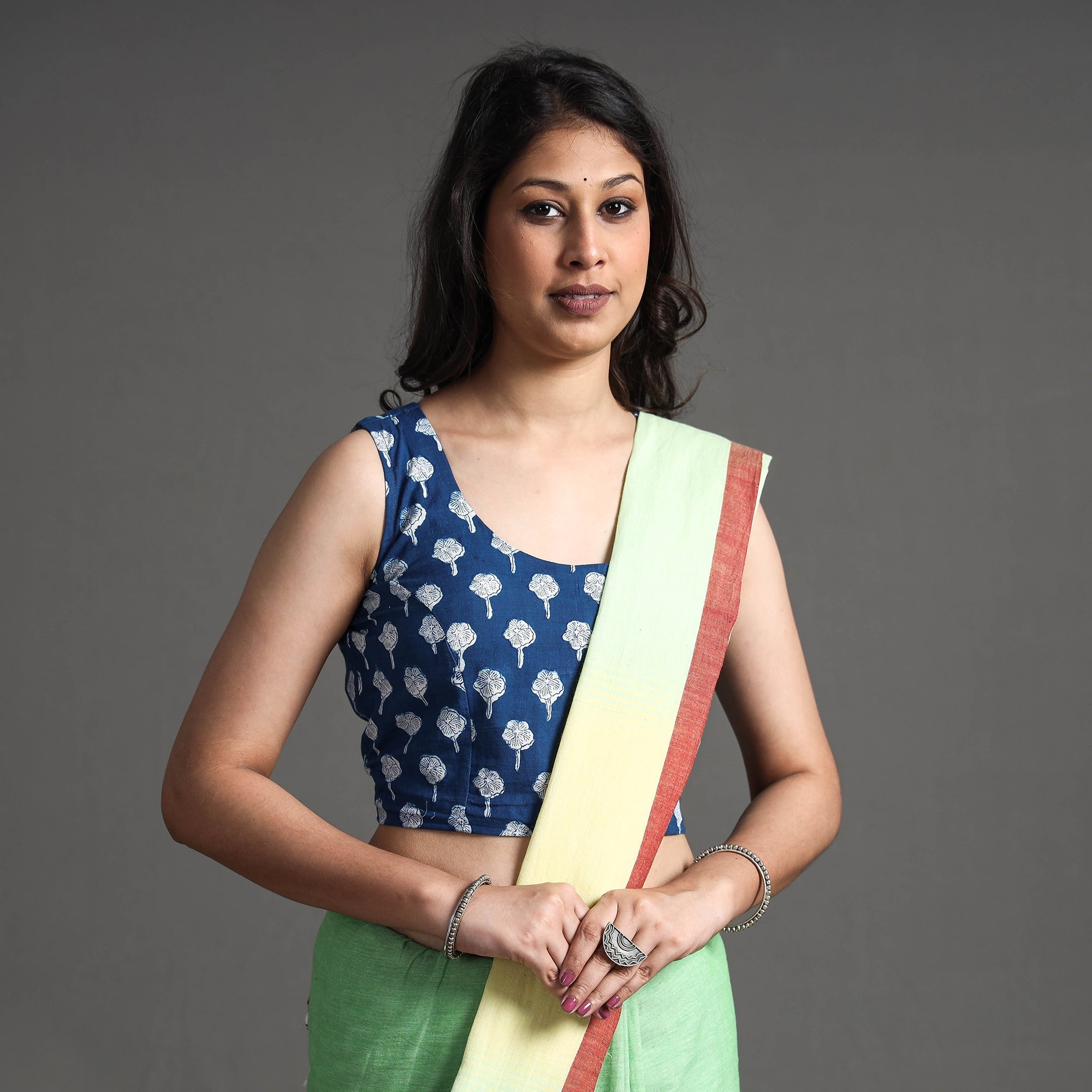 ITOKRI CASUALS Blue - Bagru Dabu Block Printed Cotton Stitched Sleeveless Blouse