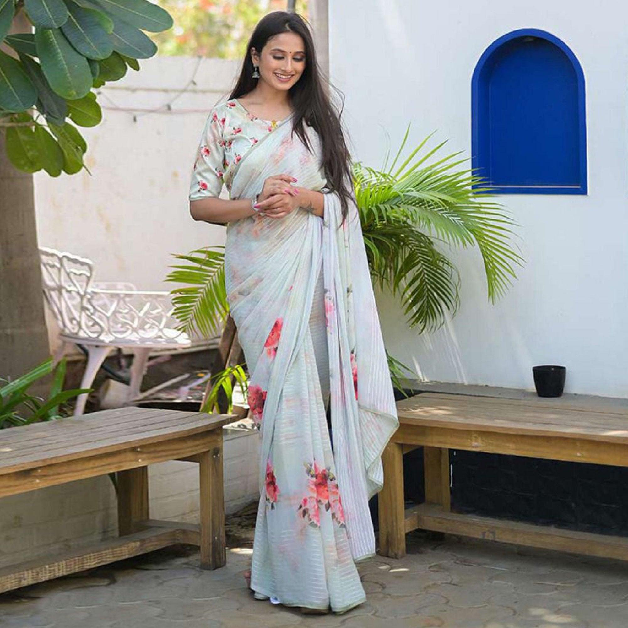 Peachmode Light Blue Party Wear Digital Printed Georgette Saree