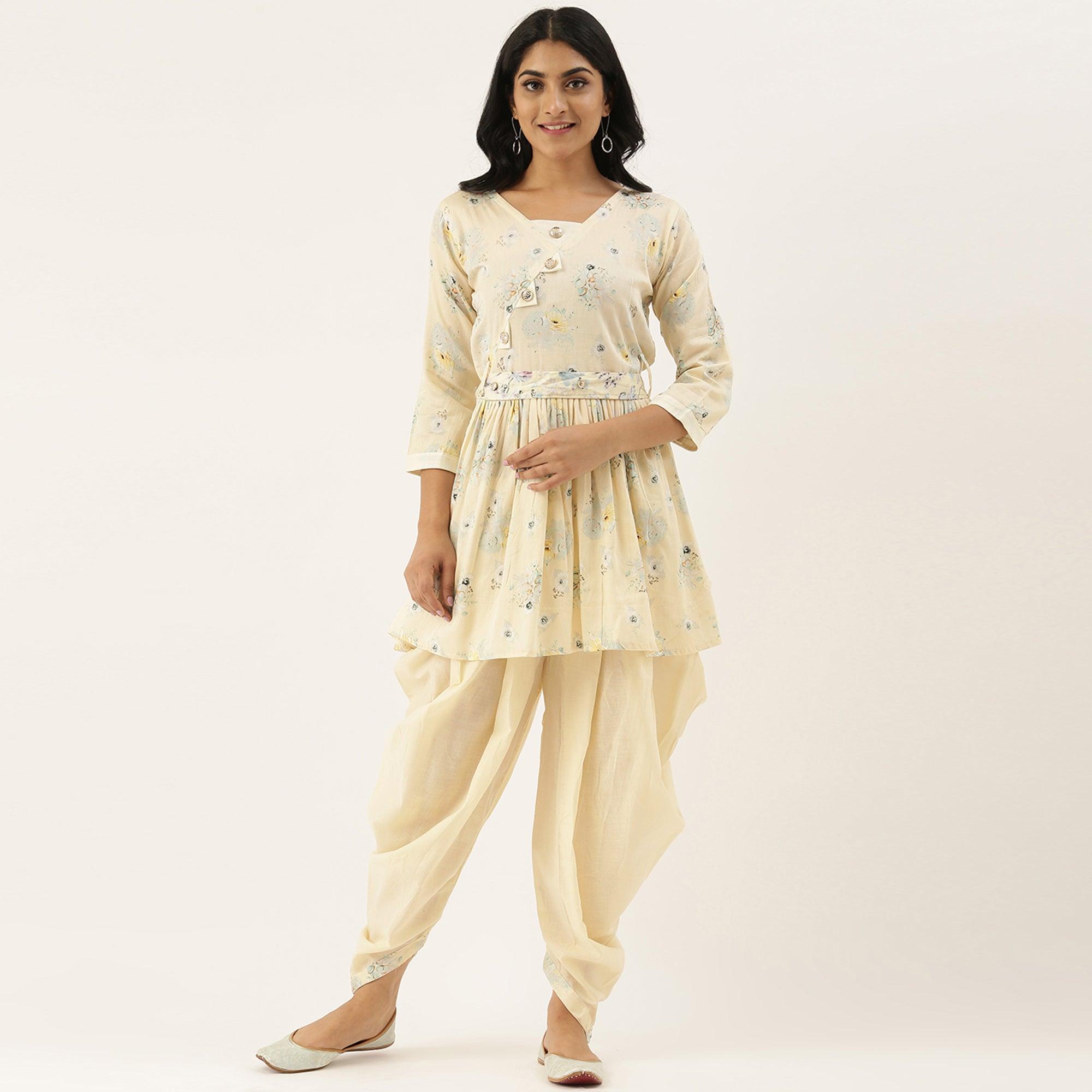 Peachmode Seller Cream Casual Wear Printed Pure Cotton Kurti With Dhoti Set