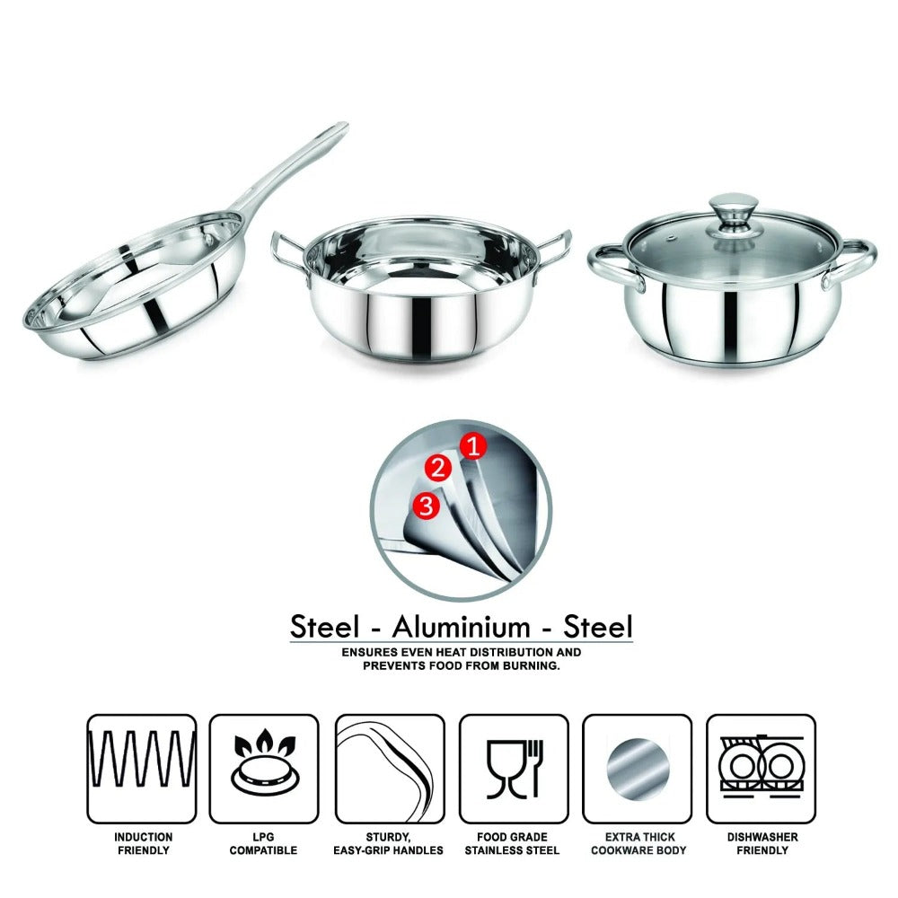AVIAS Platinox Stainless Steel Set (Belly 18cm + Kadhai 22cm + Frypan 22cm + Casserole 1000ML + 1500ML) | Induction Compatible | Silver | Set of 5 Pcs - view 3