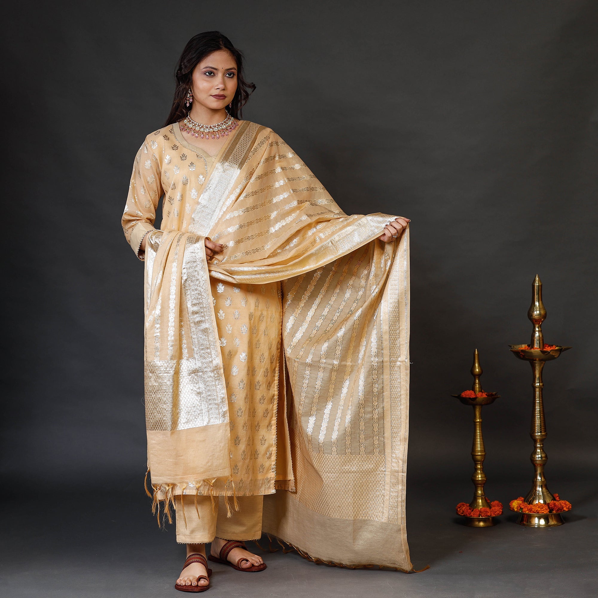 ITOKRI CASUALS Beige - Banarasi Silk Cotton Kurta with Palazzo & Dupatta Set - view 2