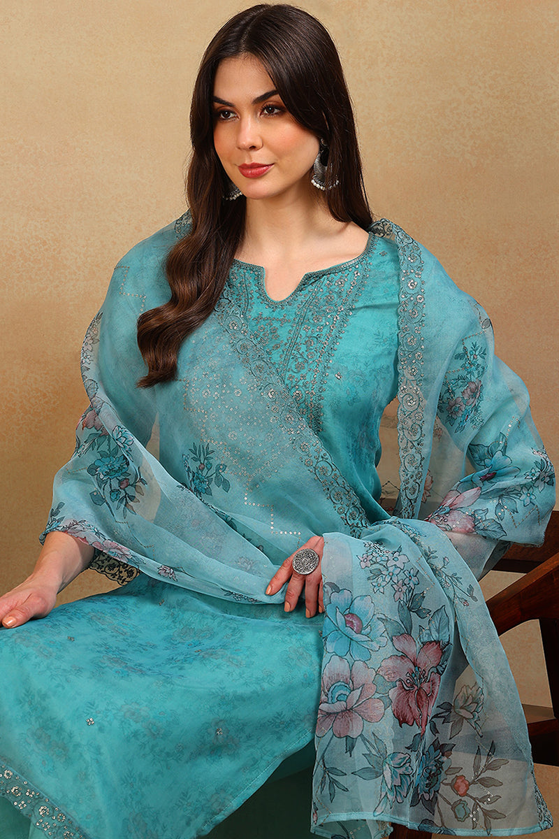 Ahika Turquoise Blue Organza Floral Embroidered Straight Regular Suit Set PKSKD2312