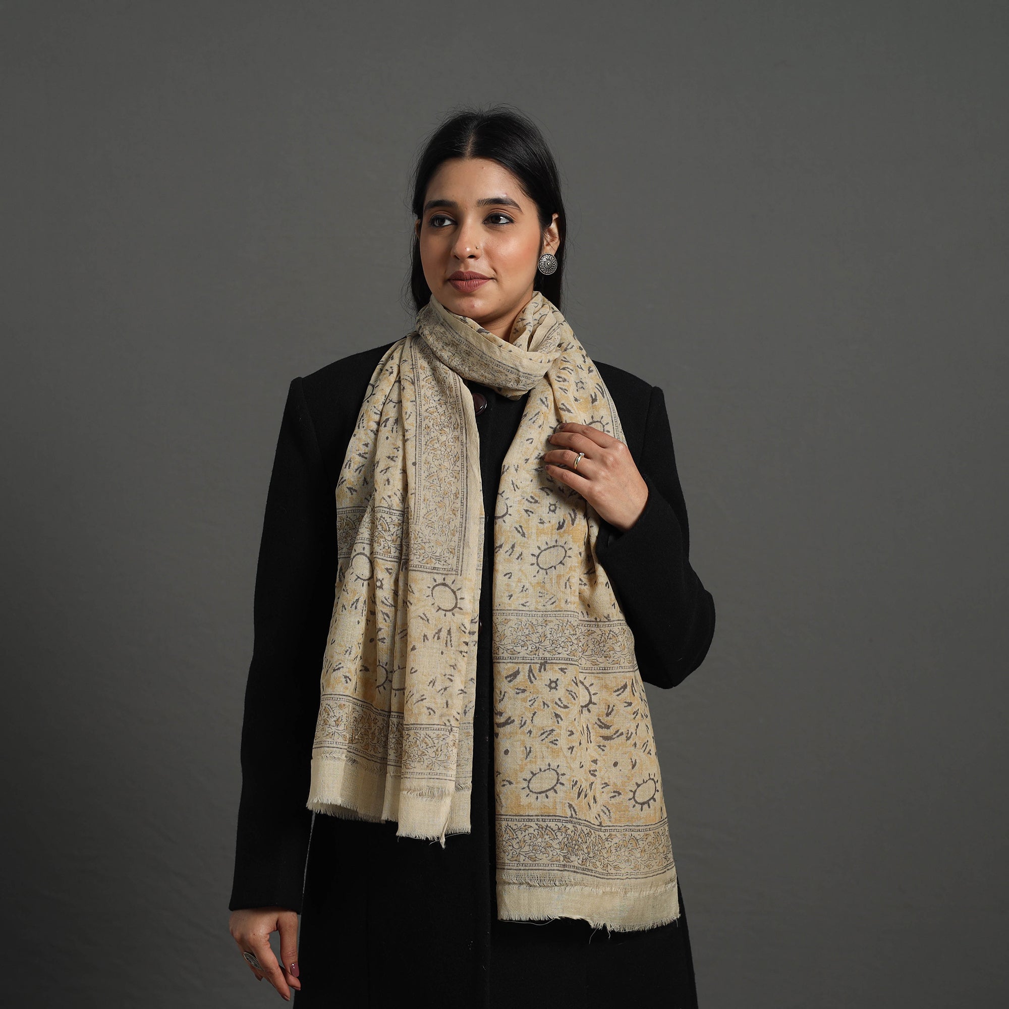 PITCHUKA SRINIVAS KALAMKARI PEDANA Beige - Block Print Pedana Kalamkari Wool Stole 29