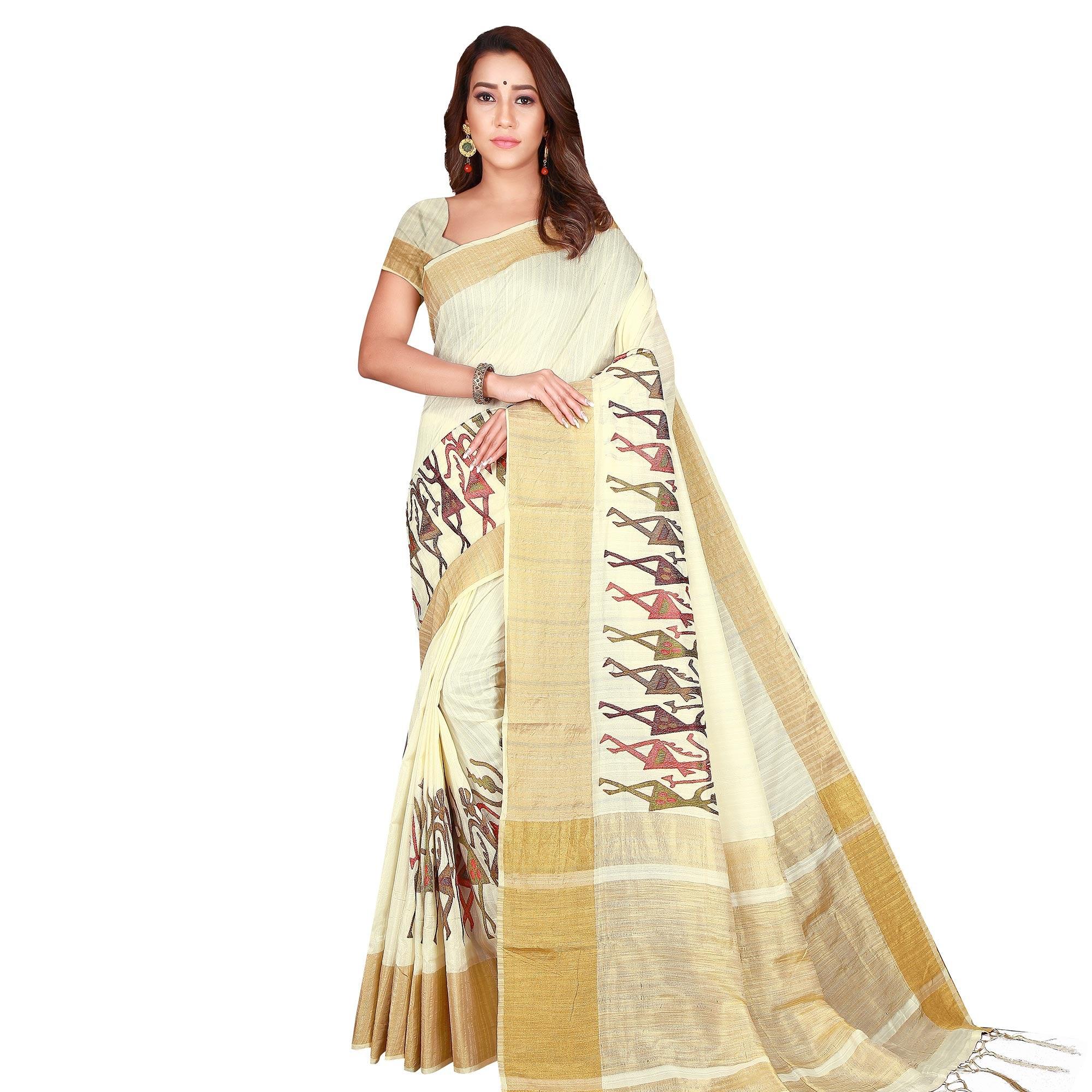 Peachmode Mesmeric Cream Colored Festive Wear Woven Silk Saree