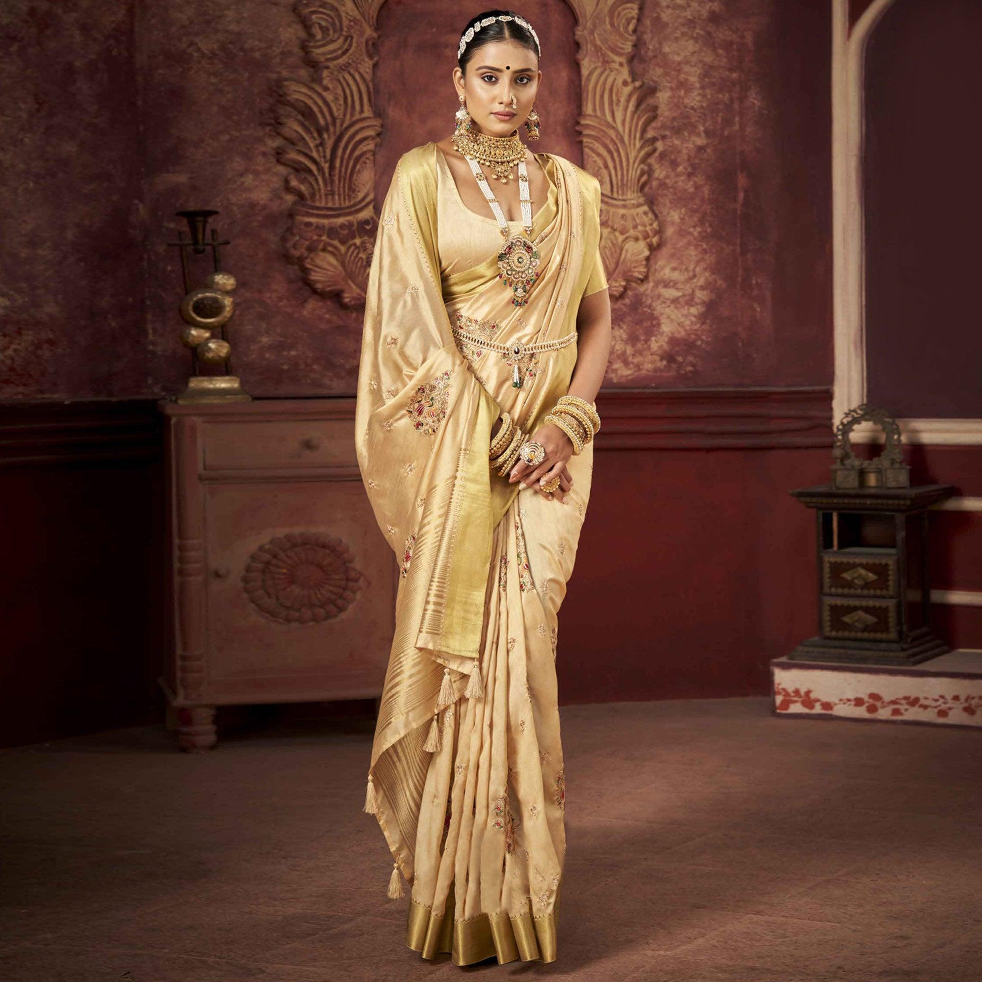 Peachmode Cream Woven-Embroidered Raw Silk Saree With Tassels - view 2