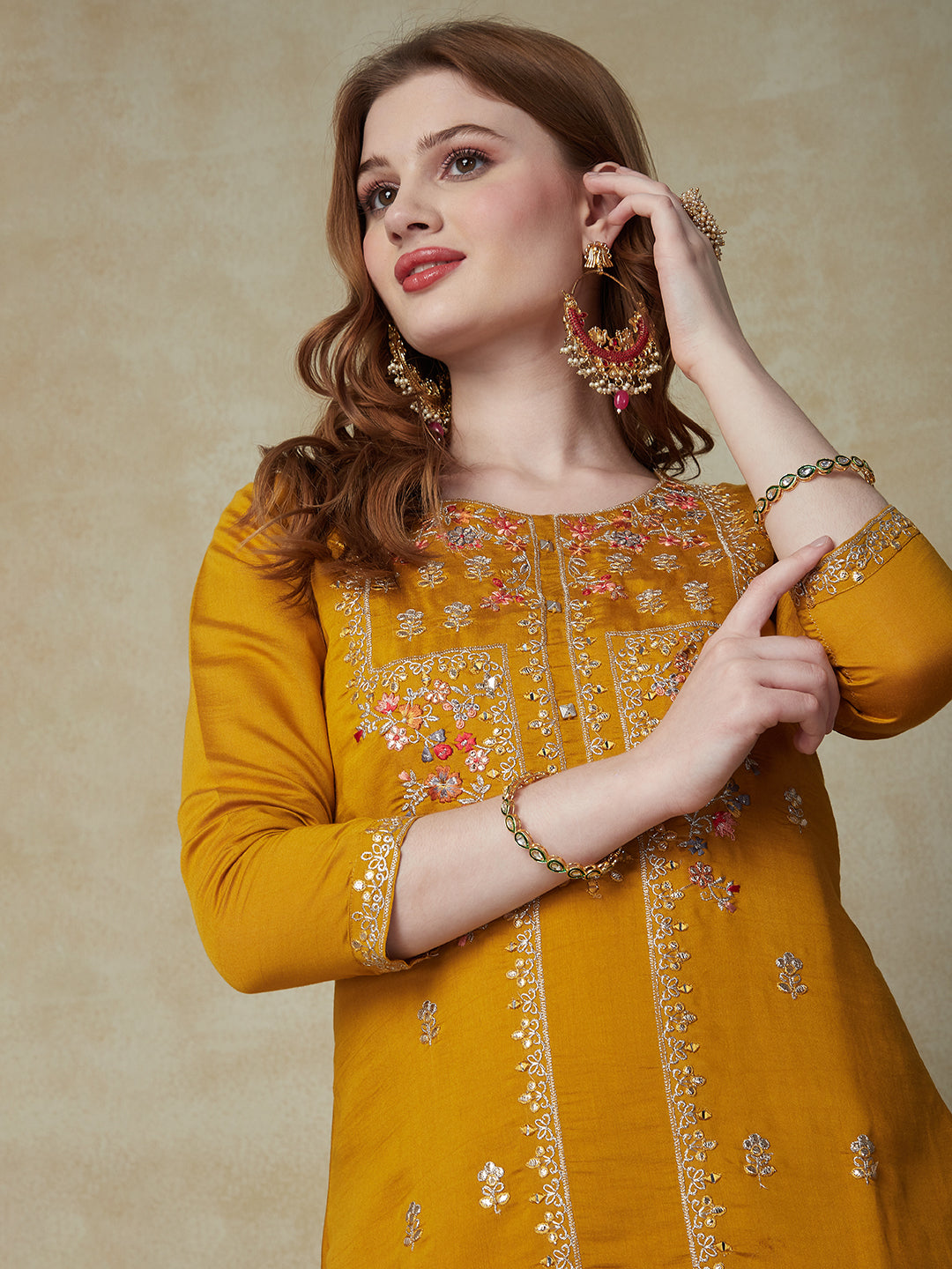 Fashor Solid Mirror, Zari & Resham Embroidered Kurta With Pants & Embroidered Dupatta - Mustard - view 2