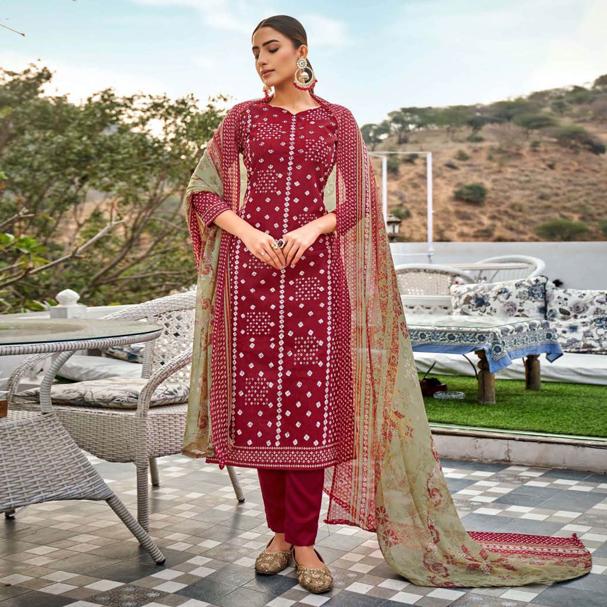Peachmode Maroon Printed Pure Cotton Suit