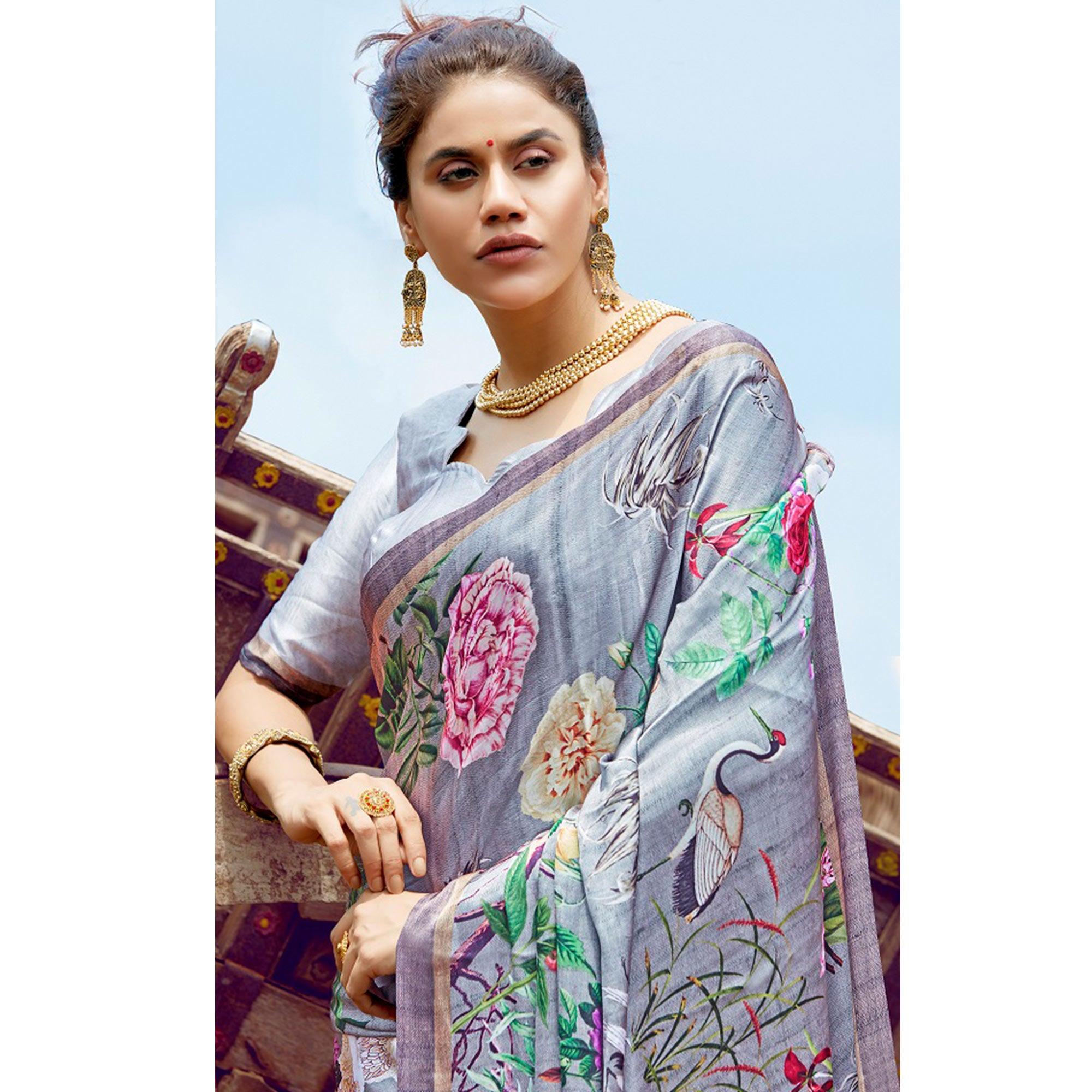 Peachmode Elegant Gray Colored Casual Digital Printed Satin Crepe Saree - view 2