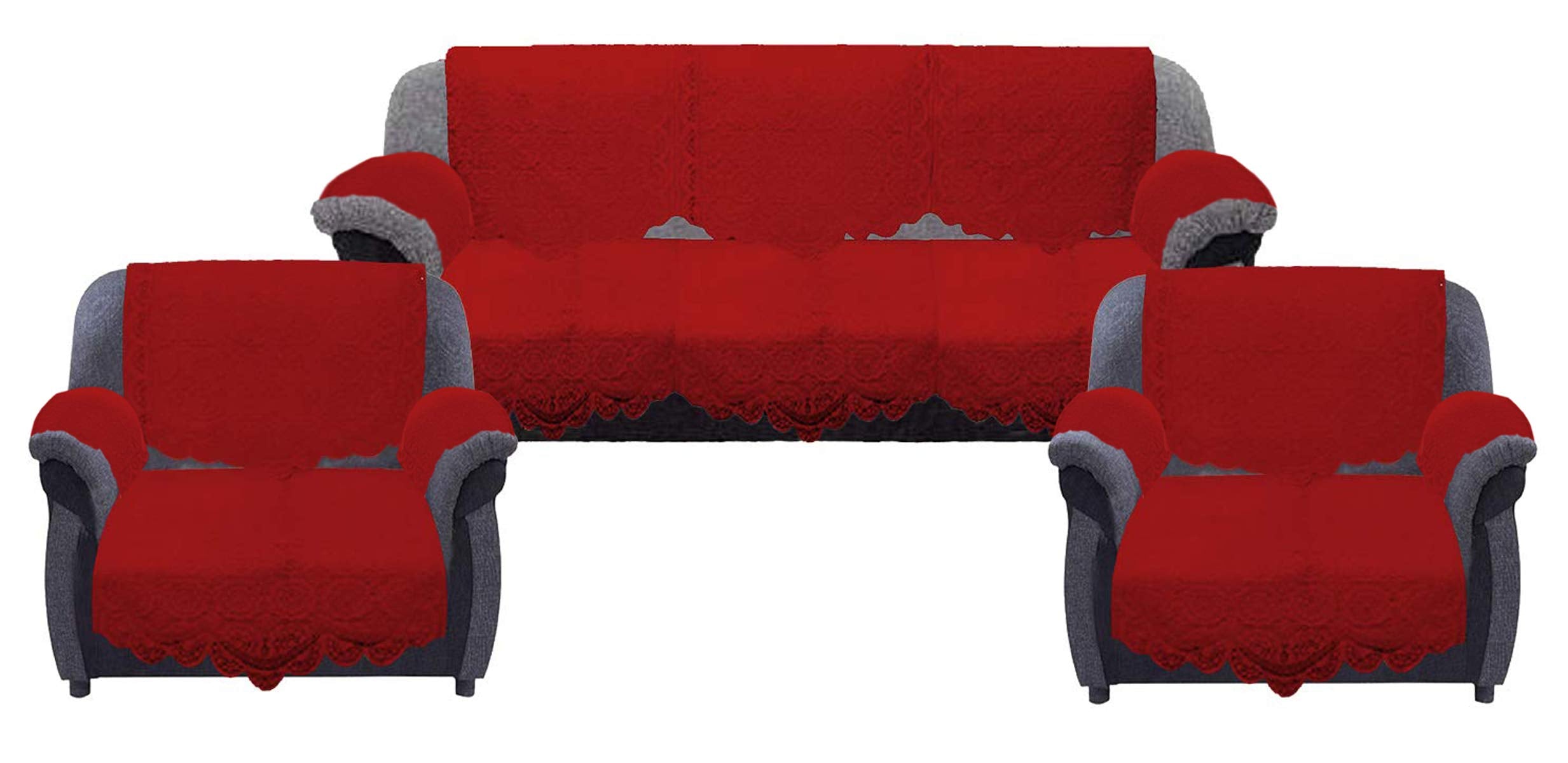 Kuber Industries Square Design Cotton Solid 5 Seater Sofa Cover Set with 6 Pieces Arms Cover KUBMART11949, 178 x 74 x 1 cm - Set of 16 (Maroon)
