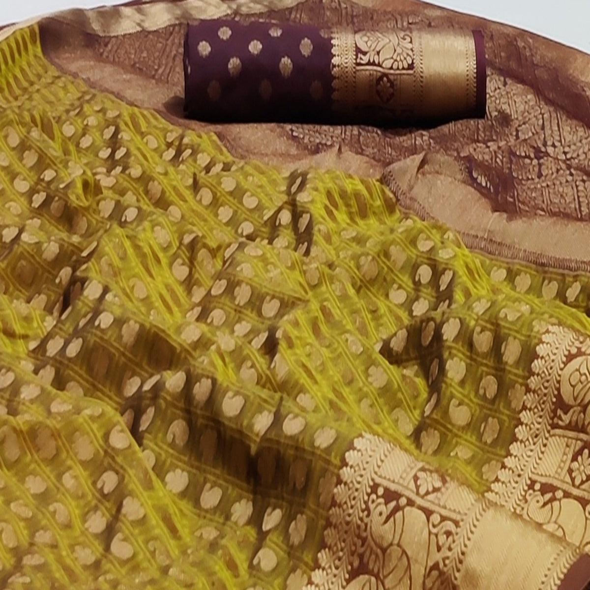 Peachmode Lemon Green Festive Wear Woven Silk Saree With Jacquard Border - view 2