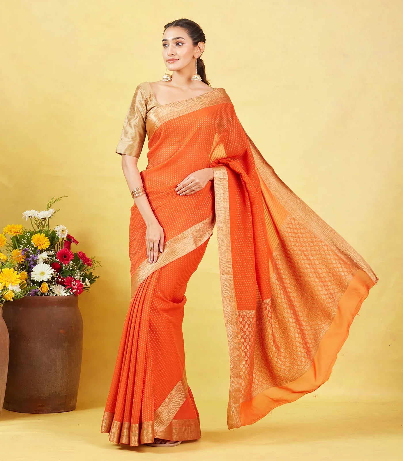 RmKV Orange Mysore Crepe Silk Saree With Floral Motifs & Zari Border - view 3