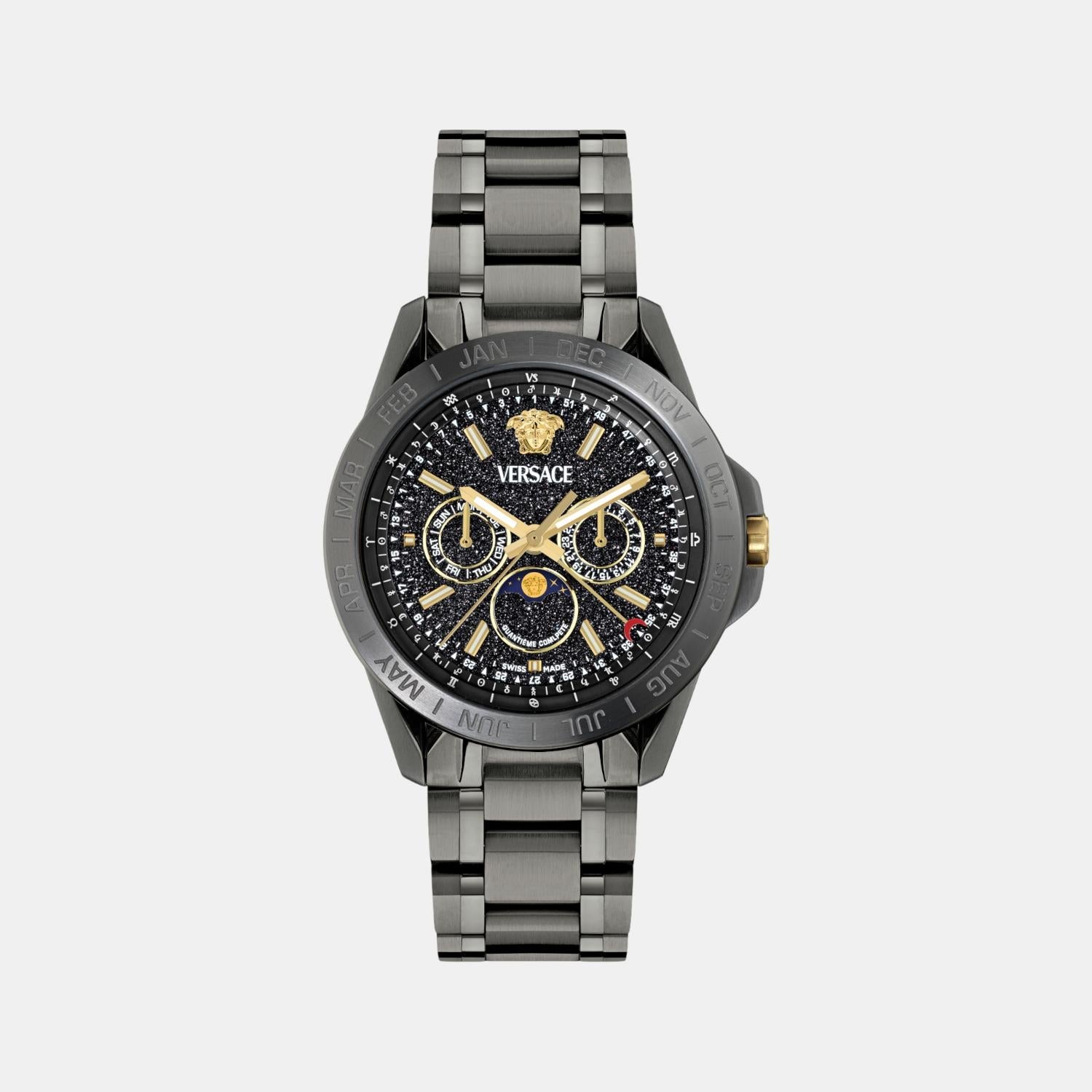 Versace Galaxy Moonphase Men Quartz Black Dial Multi-Function Stainless Steel Watch VE0K00525