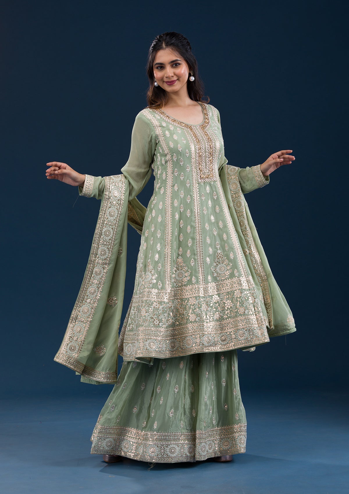 Koskii Pista Green Zariwork Semi Crepe Readymade Salwar Suit