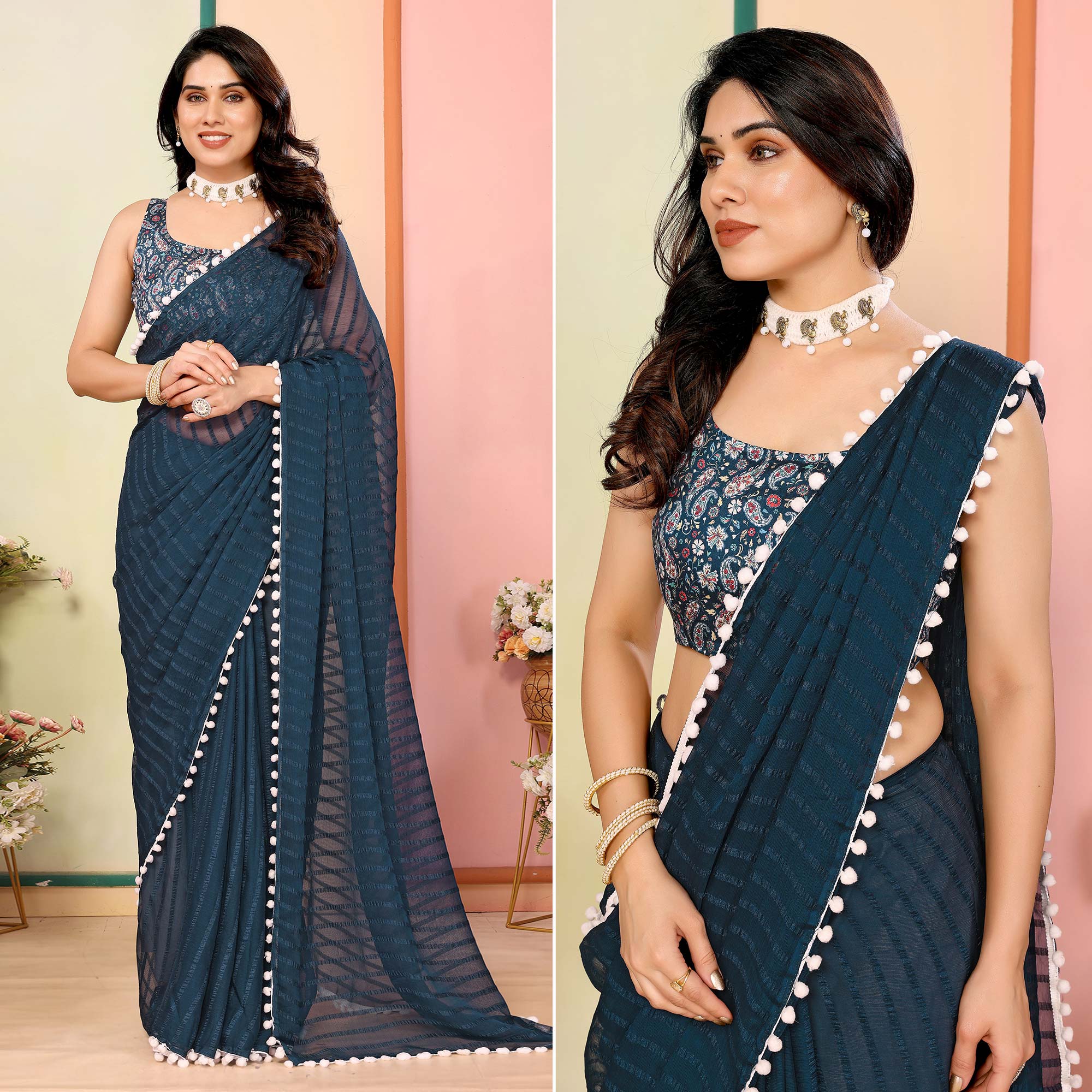 Peachmode Teal Woven Striped Pattern Georgette Saree