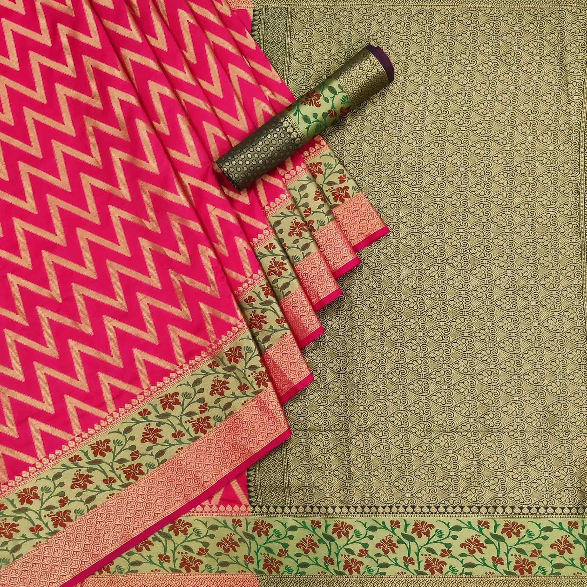Peachmode Gajri Pink Festive Wear Floral Woven Silk Saree