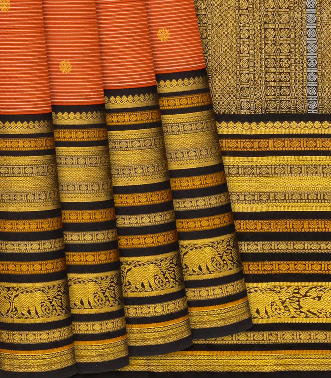 RmKV Rust Handloom Kanchipuram Korvai Silk Saree With Stripes & Buttas-Rust