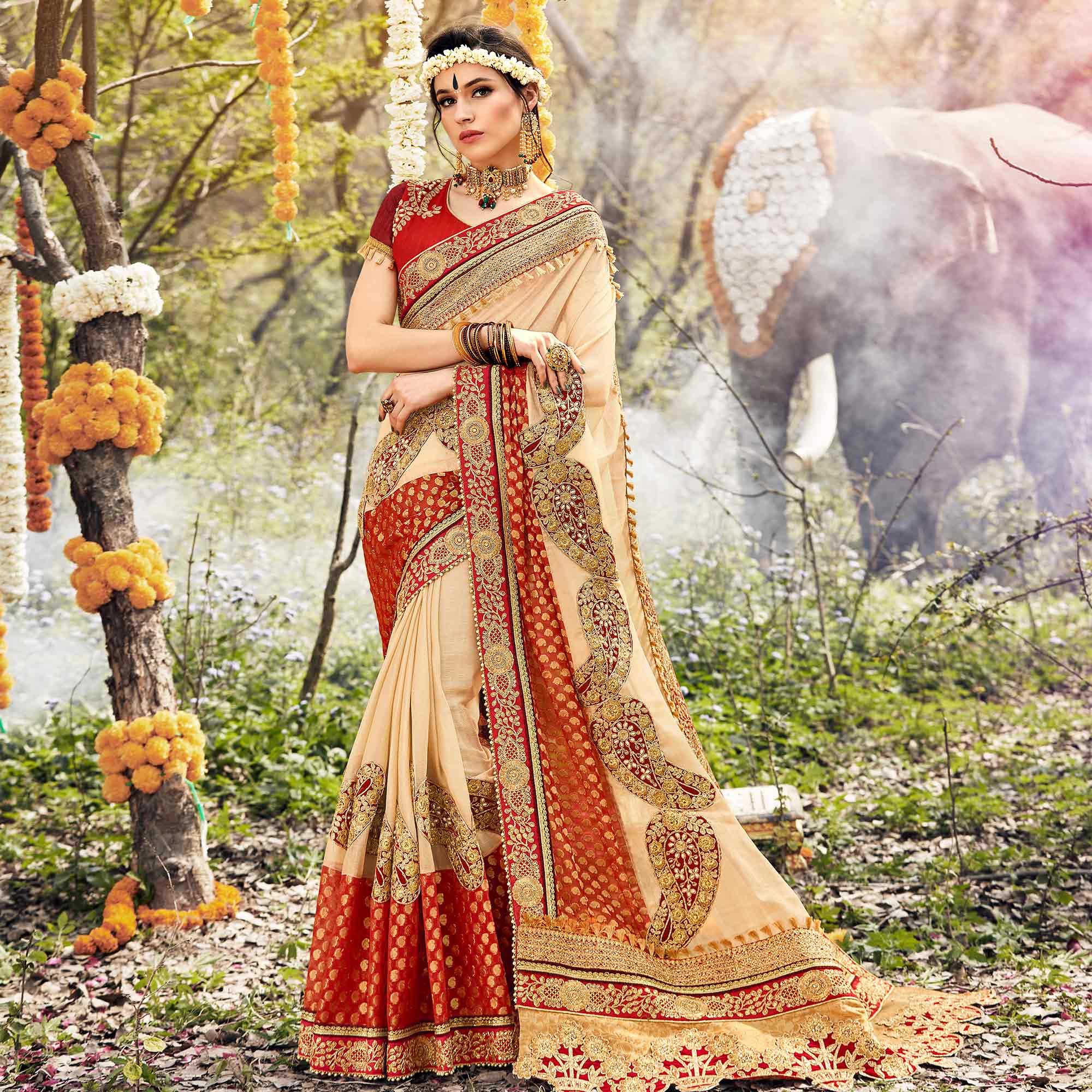 Peachmode Exclusive Beige Colored Party Wear Embroidered Georgette Saree