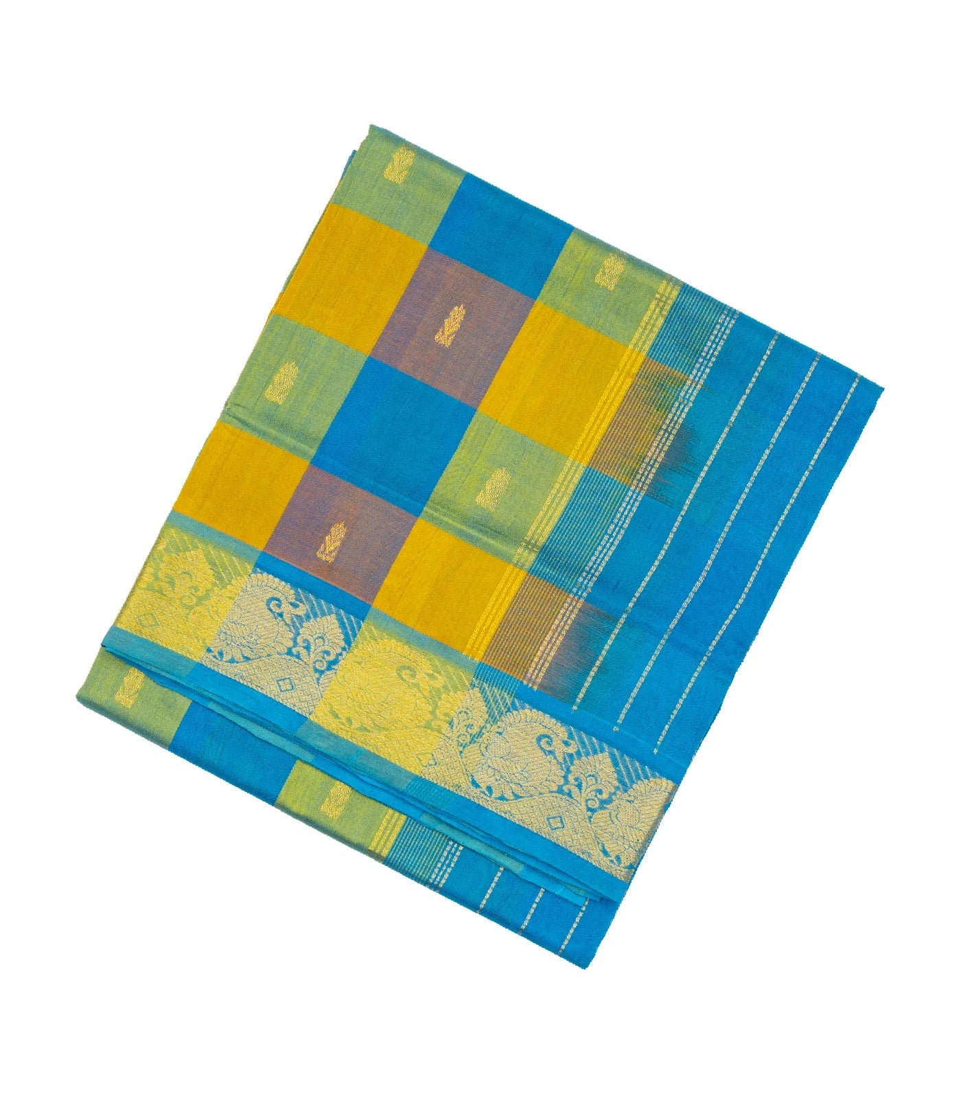 RmKV Blue Handloom Silk Cotton Saree With Checks And Buttas