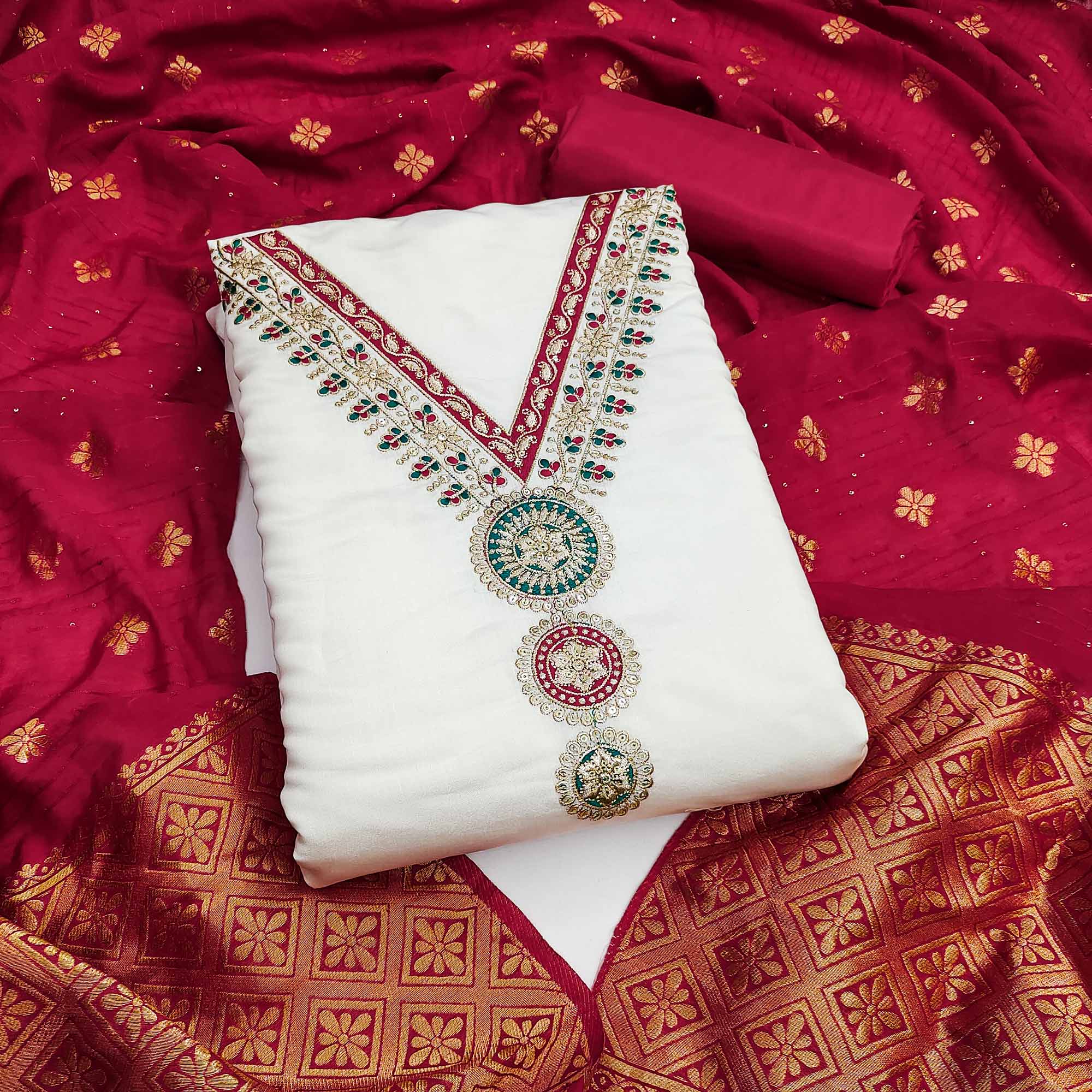 Peachmode White Embroidered Viscose Dress Material