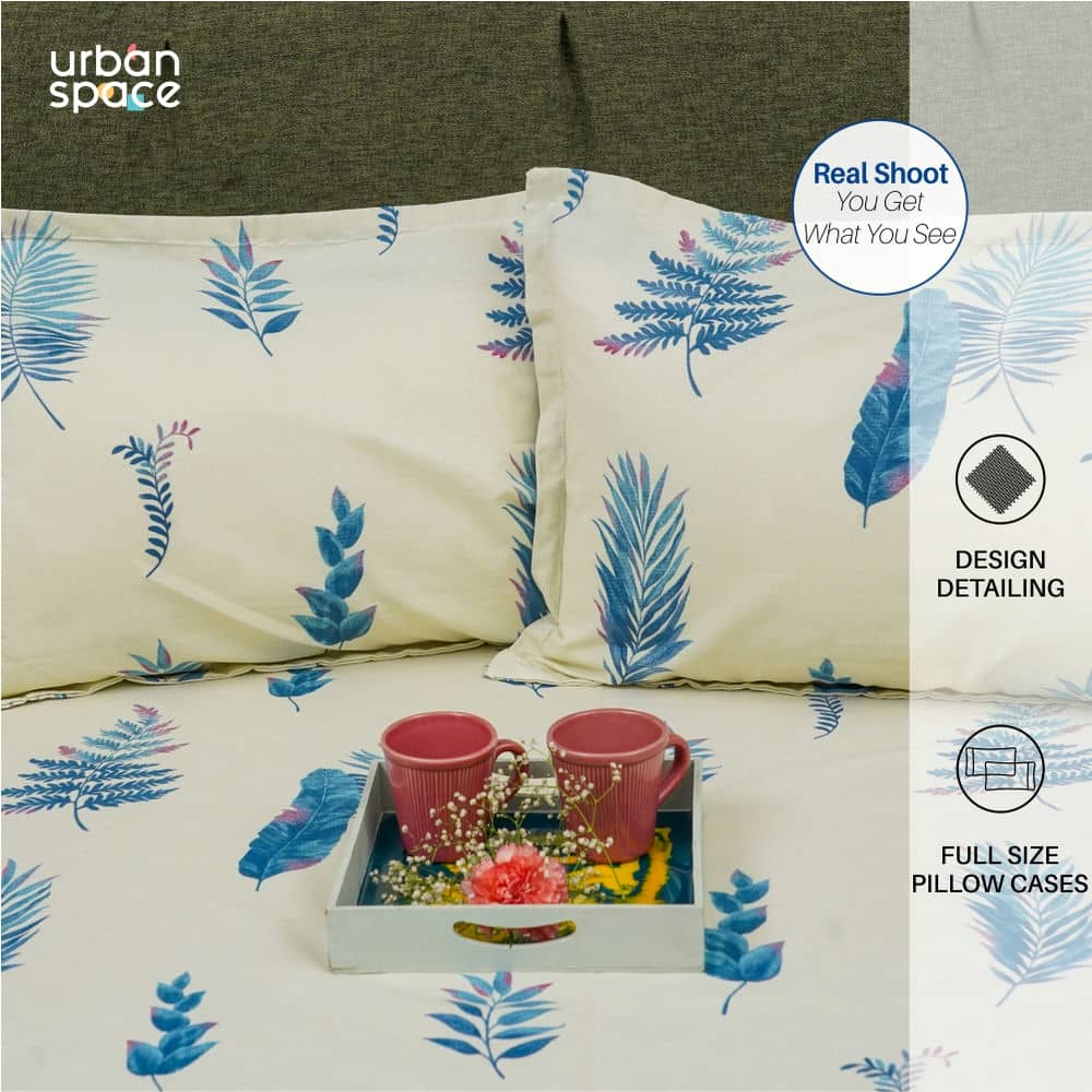 Urban Space -Home Furnishing Store Fitted King Size Cotton Bedsheet - Fall Leaves - Milk White - view 4
