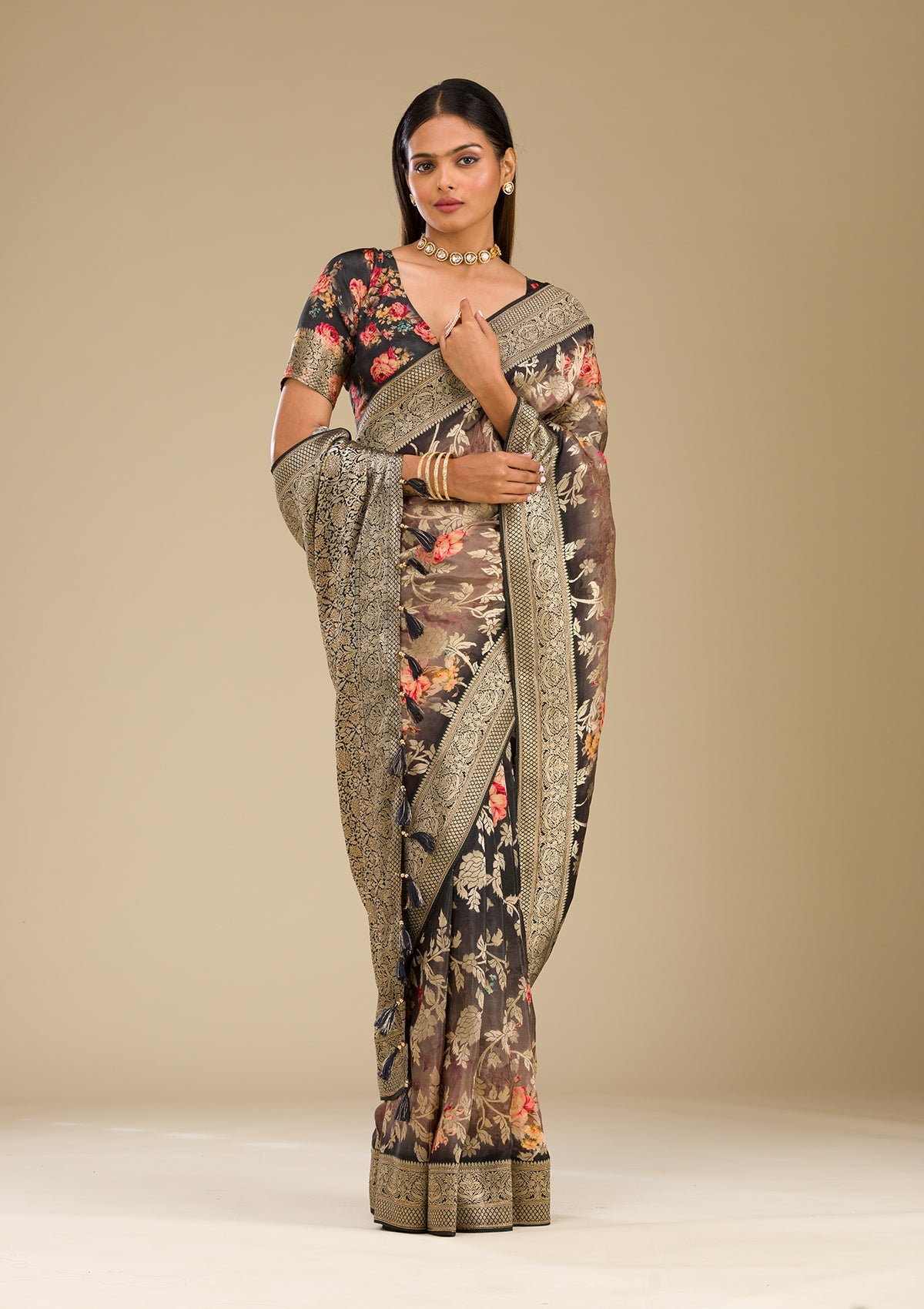 Koskii Grey Zariwork Georgette Saree – Women's
