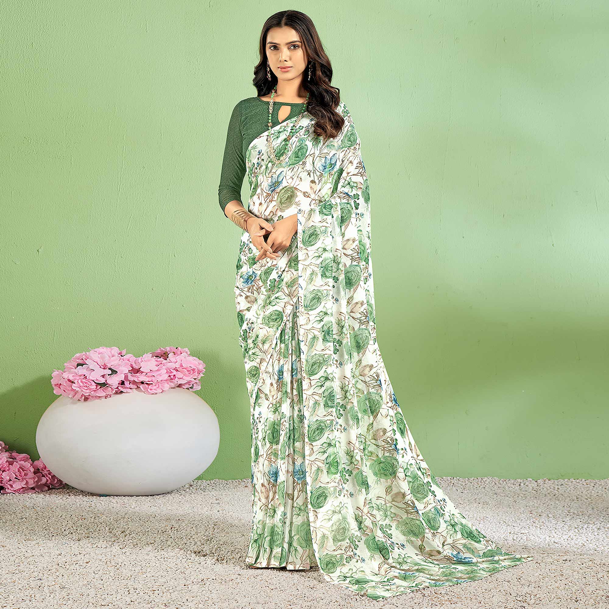 Green sarees – BlackTree green-floral-printed-chiffon-saree-6