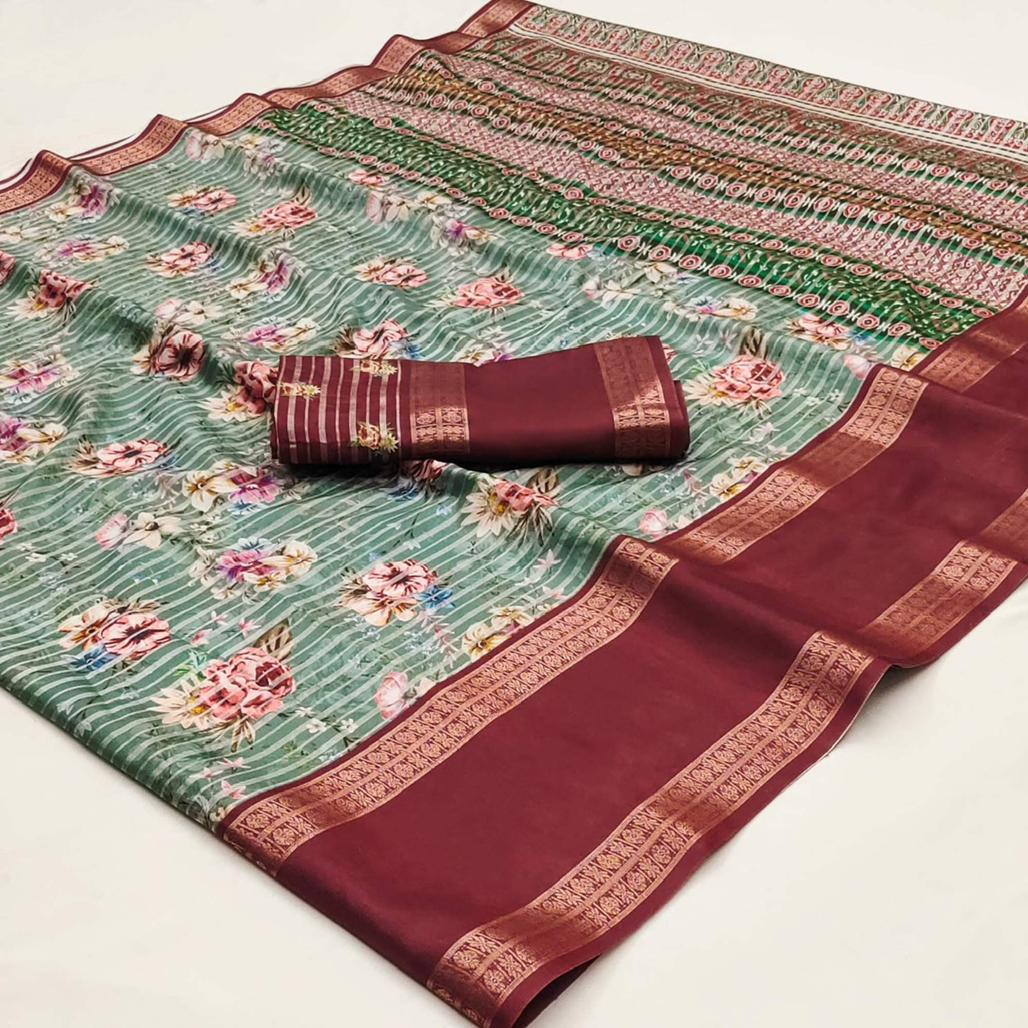 Peachmode Mint Green Floral Digital Printed Cotton Silk Saree - view 3