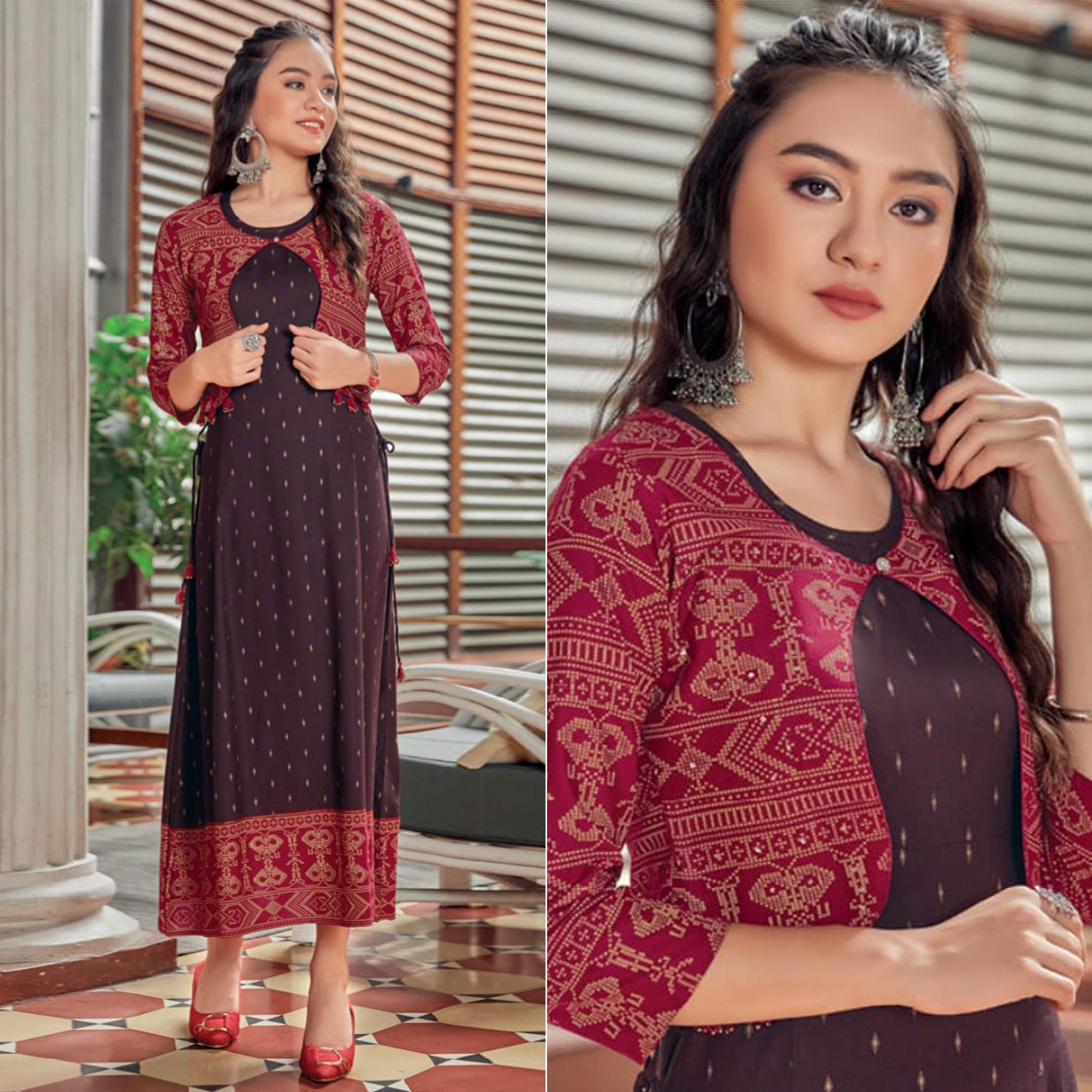Peachmode Seller Brown Printed Rayon Anarkali Kurti