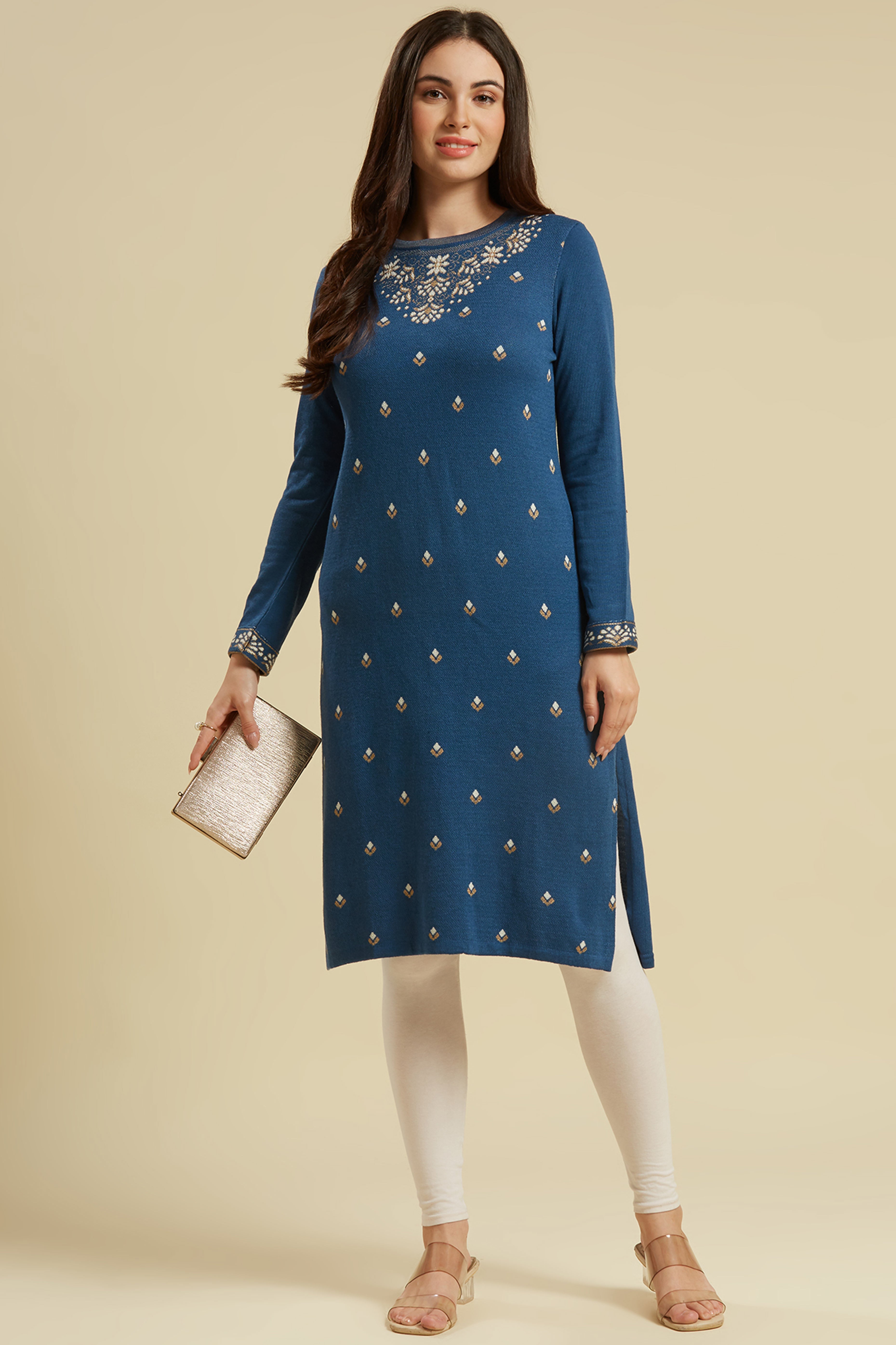 Peachmode Blue Woolen Straight Kurti – Women's