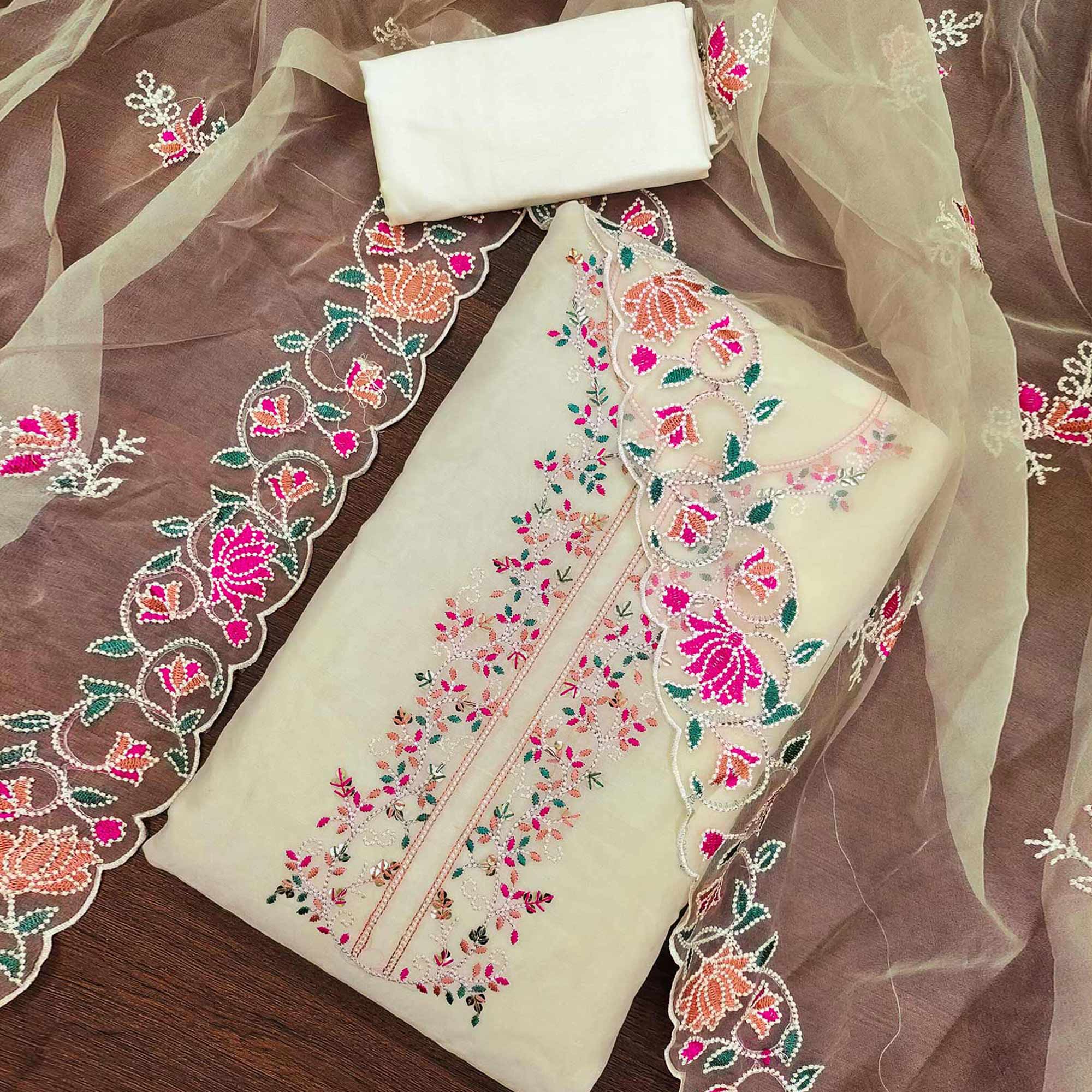 Peachmode Cream Floral Embroidered Chanderi Dress Material