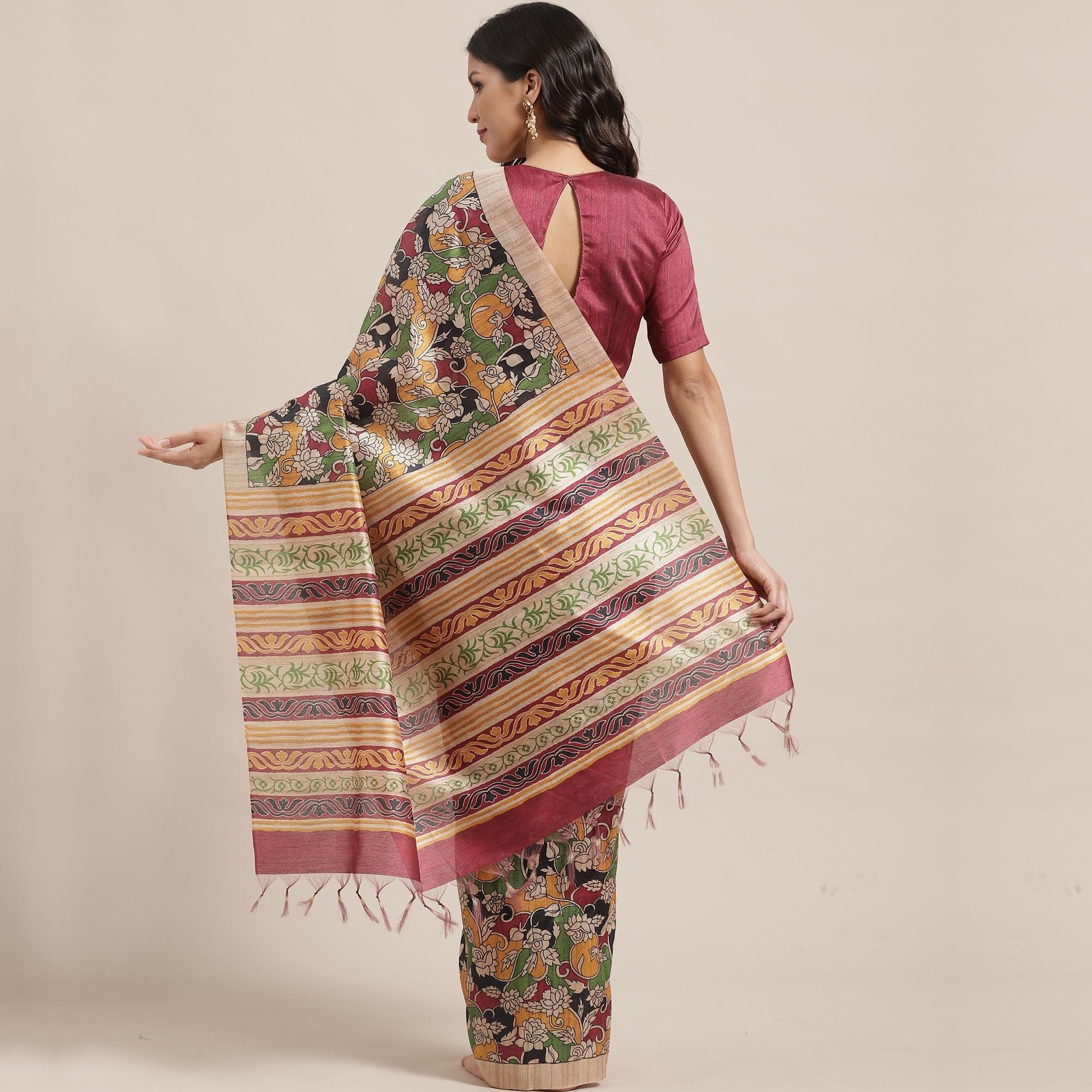 Peachmode Glowing Beige-Multi Colored Casual Wear Floral Printed Silk Blend Saree With Tassels - view 2