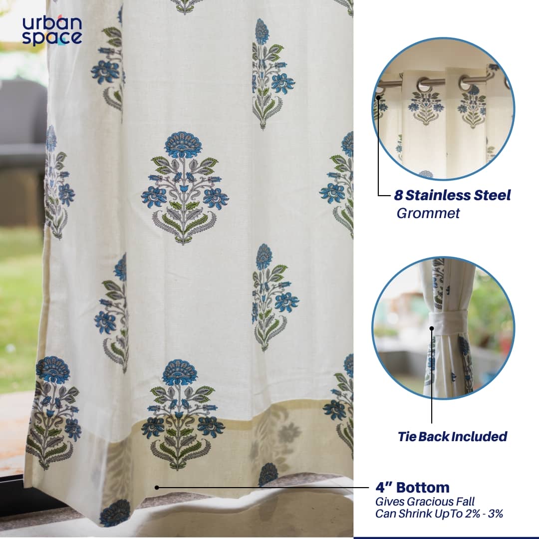 Urban Space -Home Furnishing Store 100% Cotton Ethnic Room Darkening Curtains For Living Room, Pack of 2 Curtains - Liberty Blue