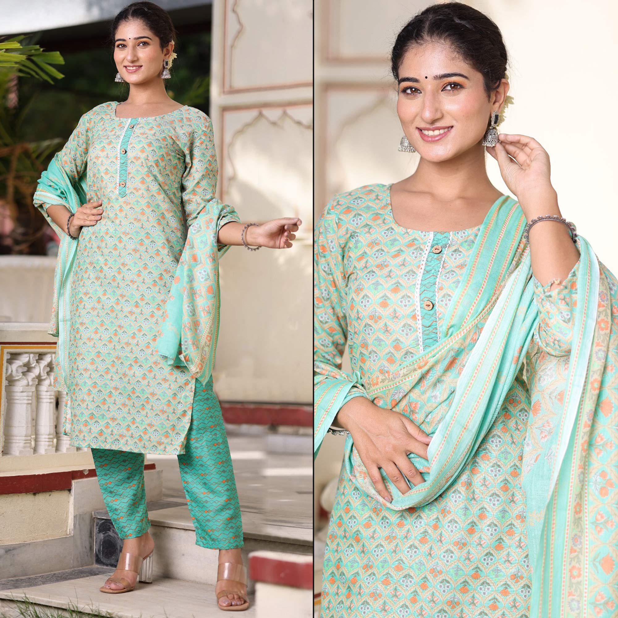 Green suits – BlackTree green-floral-printed-pure-cotton-suit-1
