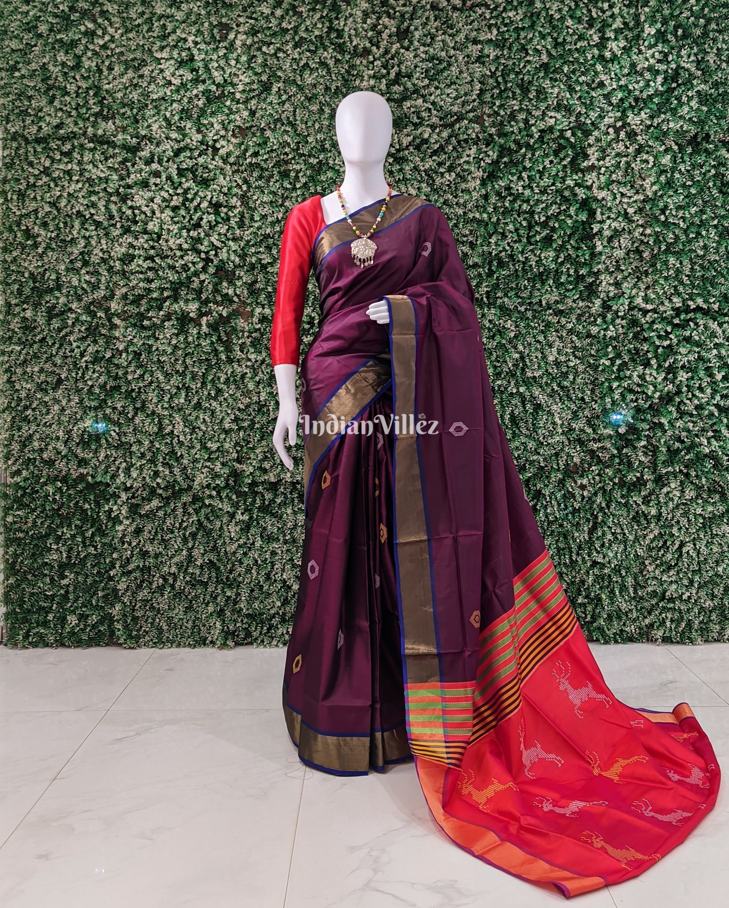 IndianVillèz Wine with Orange Handwoven Soft Silk Saree