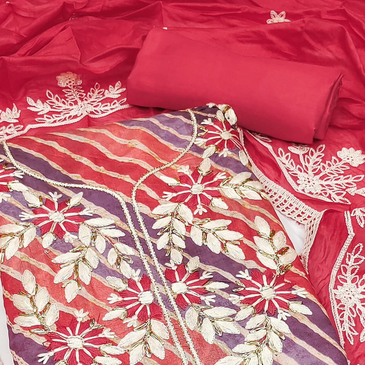 Peachmode Gajari Pink Floral Embroidery With Printed Cotton Roman Silk Dress Material - view 2