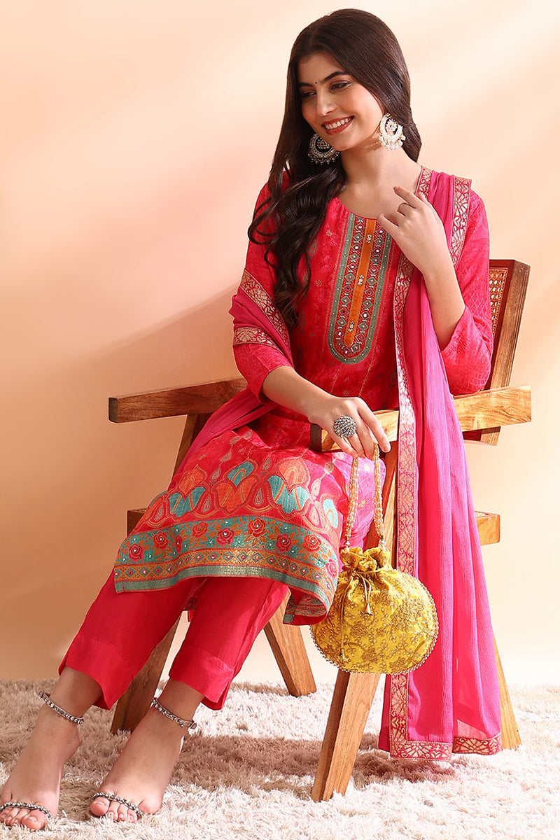 Ahika Pink Chanderi Silk Ethnic Motifs Woven Design Straight Trouser Bottom Suit Set PKSKD2584 - view 2