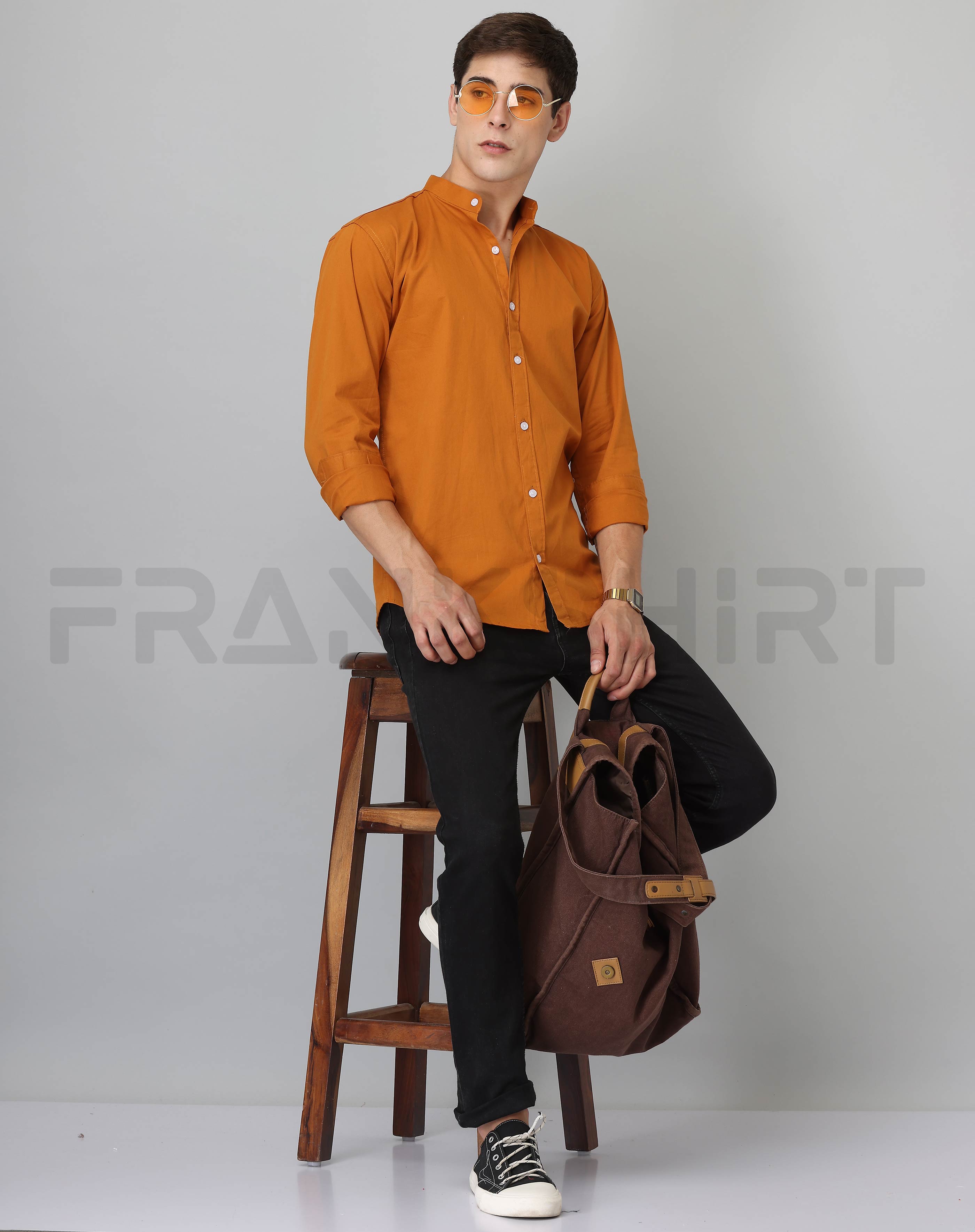 BlackTree Frankshirt Chinese Collar Mustard Tailored Fit Cotton Casual Shirt for Man