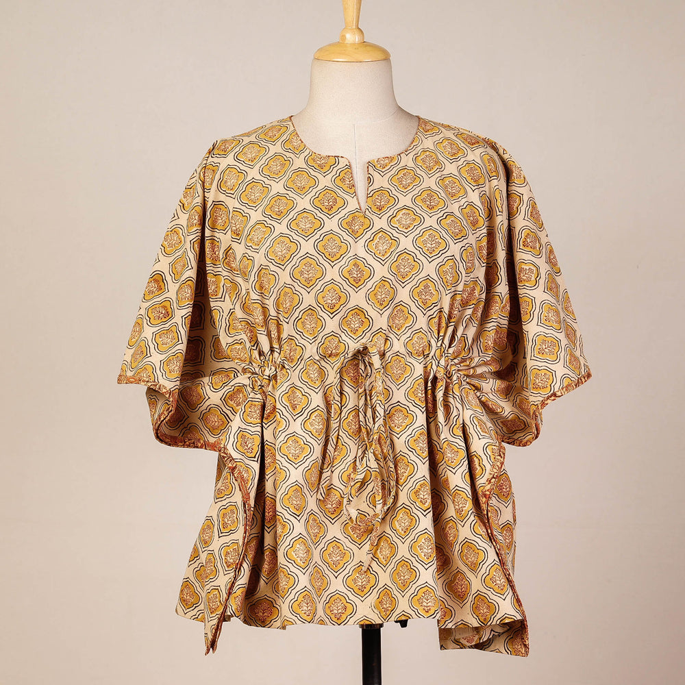 CHUTNEY CRAFT STUDIO Beige - Block Print Cotton Kalamkari Kaftan with Tie-Up Waist (Short)